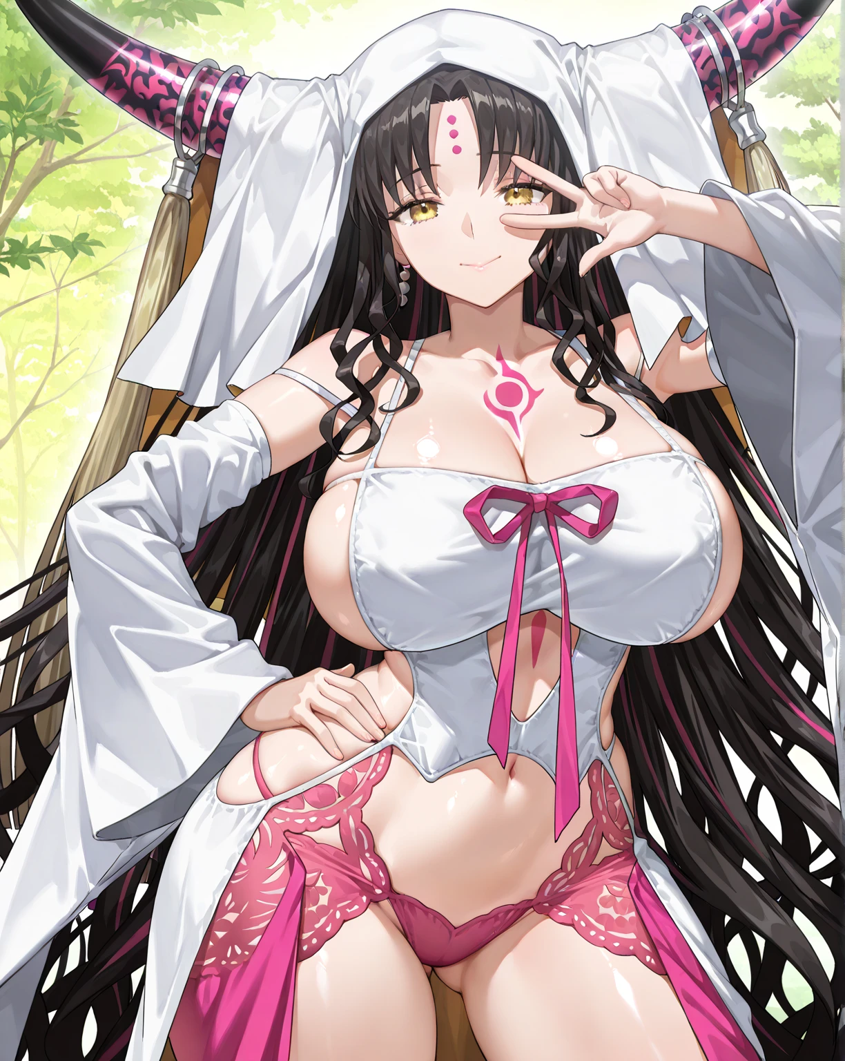 score_9, score_8_up, score_7_up, source_anime BREAK 1girl, solo, looking at viewer, <lora:Sessyoin_Kiara_Pdxl-09:1>, Kiara_Default, yellow eyes, black hair, pink hair, multicolored hair, very long hair, wavy hair, horns, veil, forehead mark, facial mark, revealing clothes, halterneck, detached sleeves, wide sleeves, pink ribbon, pink thighhighs, pink underwear, chest tattoo, sideboob, underboob, collarbone, bare shoulders, navel, skindentation, shrine, night, moon, moonlight, east asian architecture, large breasts. thick thighs, narrow waist, smile, crossed arms, from below,
