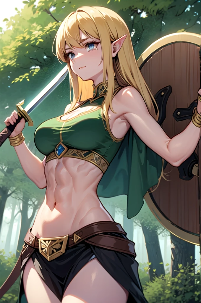 4K,High resolution,One Woman,Elf,Blonde,Long Ponytail,Green Eyes,Big Breasts,Warrior,Blue high leg bikini armor,hair band,Jewelry decoration,Long sword,Medieval town