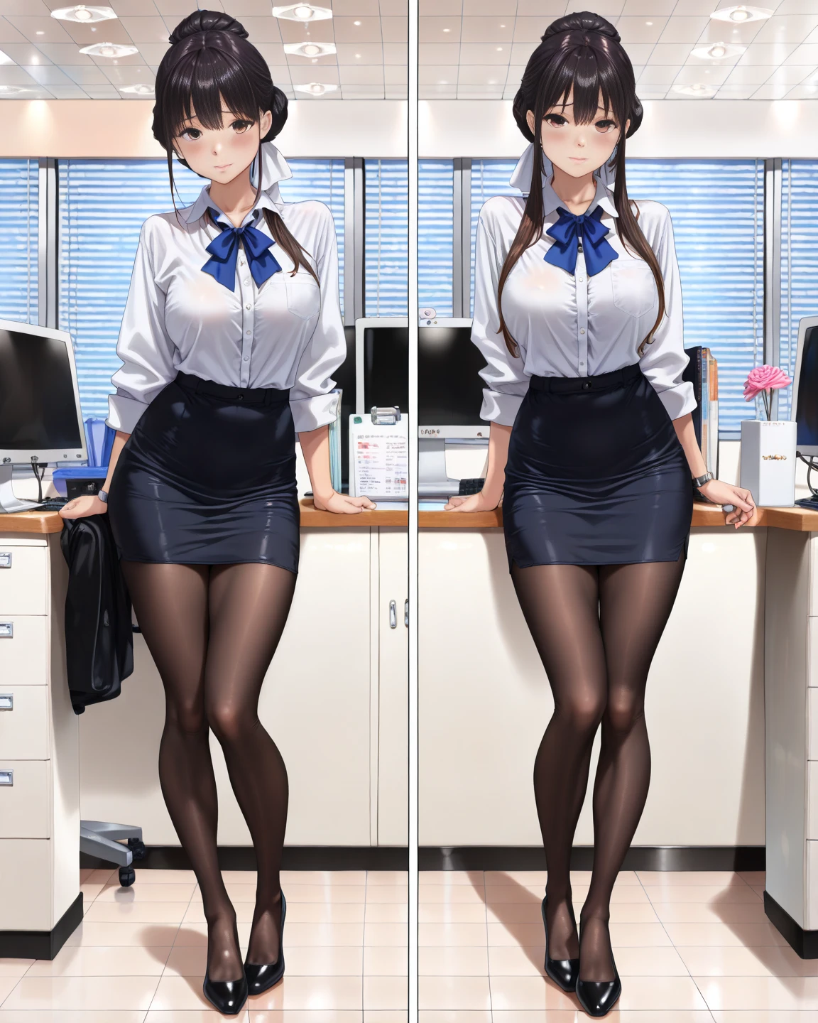 (masutepiece: 1.3), (max resolution: 1.2), (Ultra HDTV: 1.2), cinematric light, Ultra HDTV, (Detailed eyes and skin), (detailed facial features), nffsw, 8K resolution, Sharp Focus: 1.2, Perfect Style, Beautiful face, acurate, Anatomically correct, Highly detailed face and skin texture, Detailed eyes, Brown Eye、Double eyelids, Thin eyebrows, Glitter Eyeliner: 1.2, Natural cheeks, Glossy skin, Fair skin: 1.2, shiny little necklace and earrings, (Glossy lips: 1.4), 
One-person viewpoint, Wearing a short white shirt with buttons, pencil skirts, knee high stockings、 Pink lace panties、(Gentle smile:1.2), (blush), a Innocent and cute girl, (ponytail in high position, Wavy Hair, dark brown hair, bangs flowing diagonally), Medium Long Hair, 
BREAK
(Cowboy Shot: 1.2), ((From below:1.3)), (Focus on legs), ((Very intimate relationships: 1.2)), (Large breasts:1.1), ((Stand in a seductive pose with your chest sticking out:1.3)), 
BREAK
(((In the evening classroom:1.2)),  (looking down at viewer:1.2)),