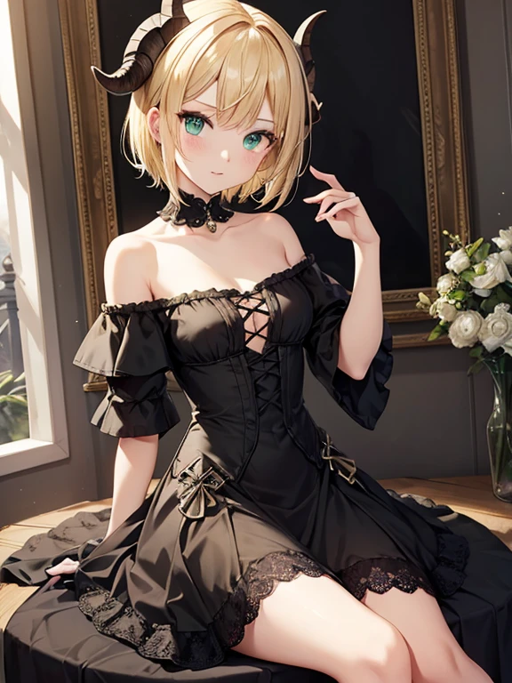 masterpiece. best quality. A woman in a black dress. red eyes. She has a blonde bob cut. She is dancing at the ballroom of Palace.