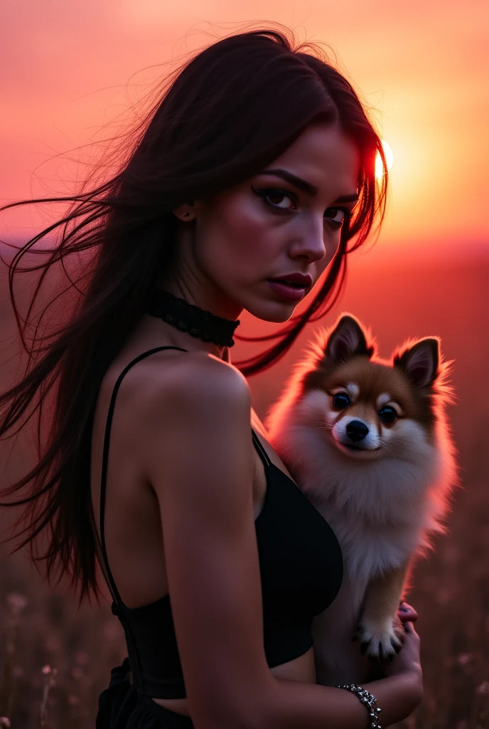 Fille aux yeux marrons et verts, with very dark brown wavy hair, she has a dress with the red color that sticks to her skin. Elle est assise au bord de la mer, there is a sunset. We see it from the front and a little from the sea. Elle a un loup noir aux yeux oranges qui est couché à ses pieds.