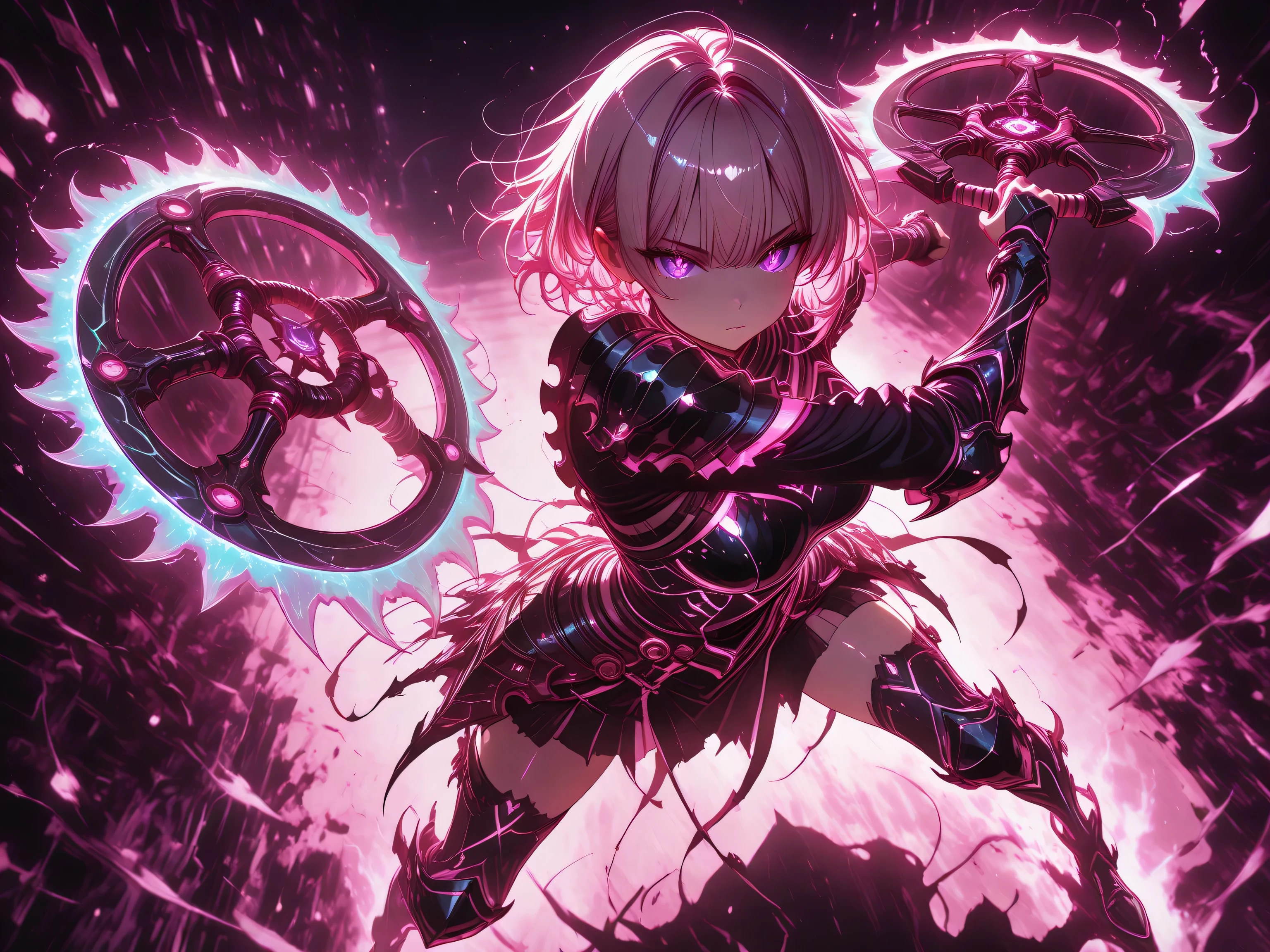 neon art, neon lineart, colorful neon lineart, neon silhouette, silhouette, neon colors, glowing, glow effect, bright outlines, vibrant colors, high contrast, dark background, digital art, 1 girl, violet eyes, light pink hair, short hair, cool, beautiful, medium breast, very cute, lovely, kawaii,
, attire is a mix of tactical combat gear and ornate embellishments, featuring pink, hints of silver, intricate details of her armor-rivets, layered plating, and faintly glowing circuits-are visible even in the dim light, assassin aura, hitwoman, solo, emotionless eyes, bored, looking at viewer, (dynamic pose), (weapon pose, fighting stance), holding weapon,(weapon pose, fighting stance), holding weapon, holding two ((chakram, windfire wheels)), (rainbow blade), fighting against shadow monsters, fantasy monster, dream monster, dream world, fantasy world, (((dark, pink, black))), full body