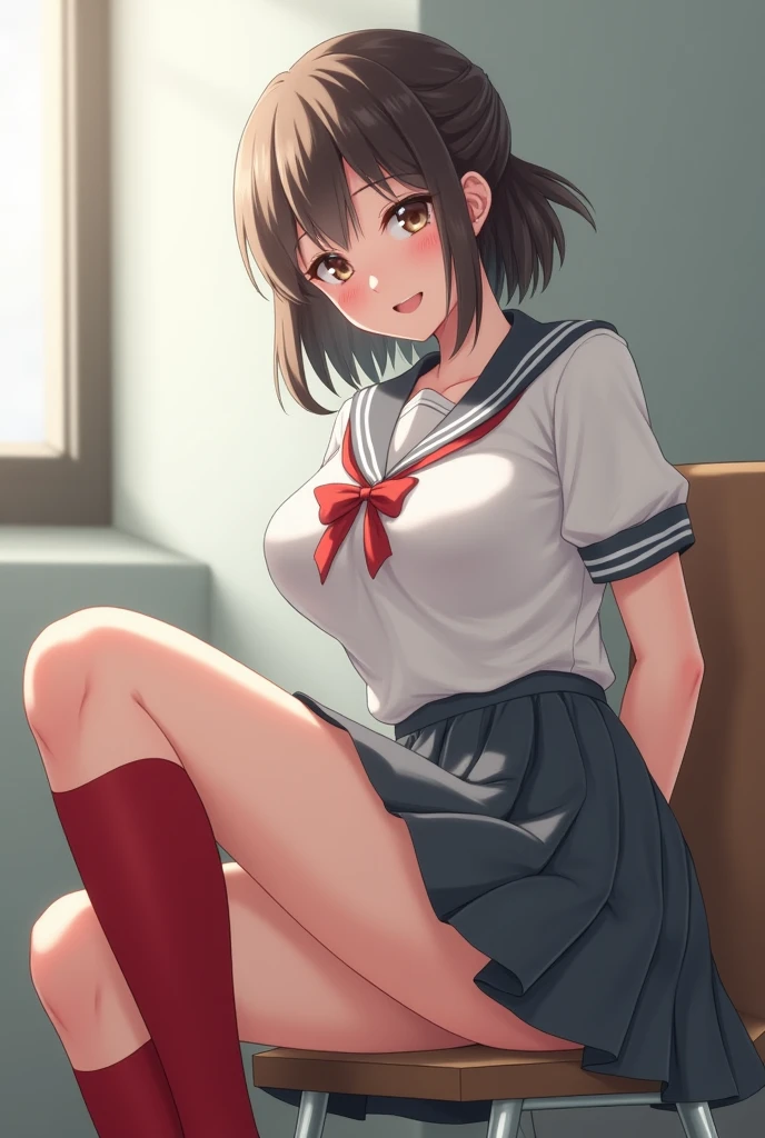 (((masterpiece))), (((High resolution)))、(((8K quality)))、(((Perfect Face)))、Looking into the camera, ((highest qualityの目)), (Detailed face), (Detailed Texture), ((Big Breasts:1.5)), Stiff shoulder, Kumiko Oumae, high school girl, , Sailor suit, Red ribbon, (Black pleated skirt:1.5), mini skirt, ((Blue sailor collar:1.3)), (Brown eyes:1.5), Brown Hair, (Big Breasts:1.5), (short hair:1.3), (Wavy Hair), Hot face, Blushing,Dutch Angle, Angle from below, ((Smooth texture:0.75, Realistic texture:0.65, Realistic:1.1, Anime CG Style)), (highest quality, masterpiece, Highest Details) , highest quality,masterpiece,reality:0.8,One girl ,,Rich background,((spread legs:1.5)),((Sitting:1.1)), ((spread pussy:1.3)), ((Arms above head:1.2))