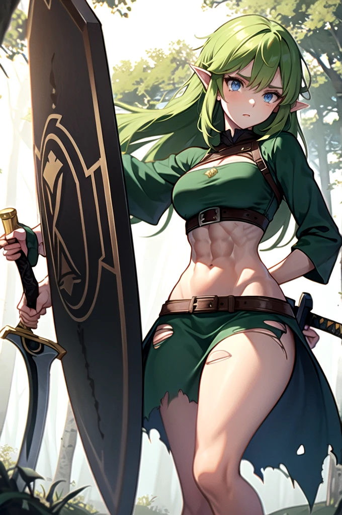 [[2 different characters, a man with brown hair, brown pants, no blouse, a bracelet on his arms, a backpack on his shoulders, with a boot, a belt with a sword)),((muscle)),((eyes yellow, happy face]],[[and a woman, cyborg, a bionic arm,((gigantic breasts, naked breasts, naked pussy, erect breasts, grabbing breasts)),((green hair)),((1 red eye and 1 black eye, Desperate face)),walking In a haunted forest, at night]],