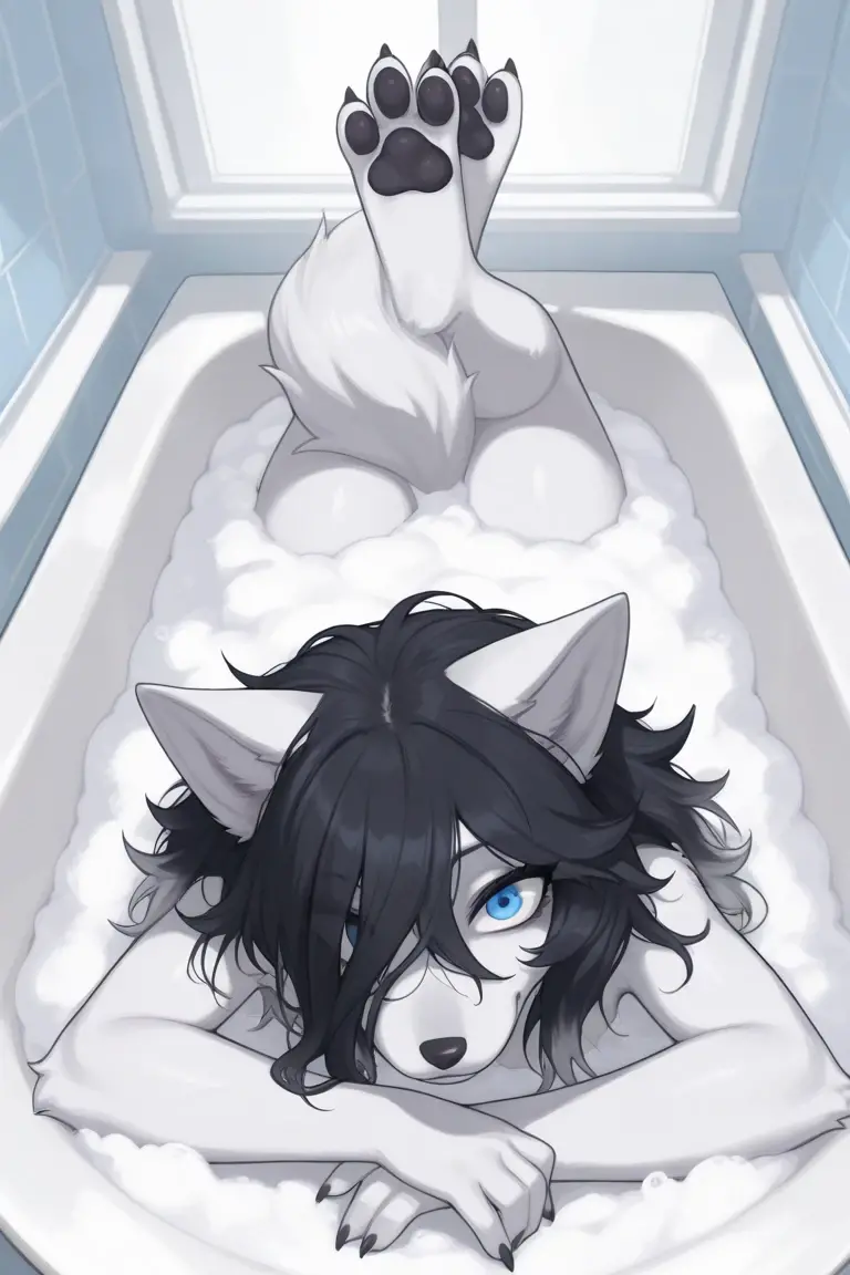 score_9,score_8_up,score_7_up, sierra, a young nerdy Anthro furry wolf woman, white furry body, tall, awkward, long black messy hair, hair covering one eye, long black hair, (wet hair, wet furry body):2, blue eyes, small breasts, white wolf tail, naked, sitting in a bathtub, taking a bubble bath, soapy water, soapy bubbles on her head, soapy bubbles covering her chest, she is grumpy, in a bathroom,