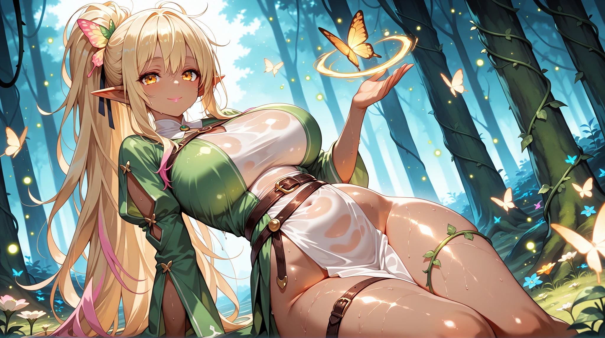 A gracefully ethereal nymph with luminous golden hair and shimmering emerald eyes, her delicate figure adorned with intricate floral tattoos, evoking a sense of ancient beauty. In this stunning painting, the nymph stands amidst a sun-drenched forest, surrounded by vibrant blossoms and vibrant butterflies. The image captures the perfect balance between realism and fantastical whimsy, showcasing the exquisite detailing and flawless brushstrokes that bring the nymph to life. The overall composition exudes a sense of enchantment, immersing viewers in the mystical realm of mythology and captivating their imagination.