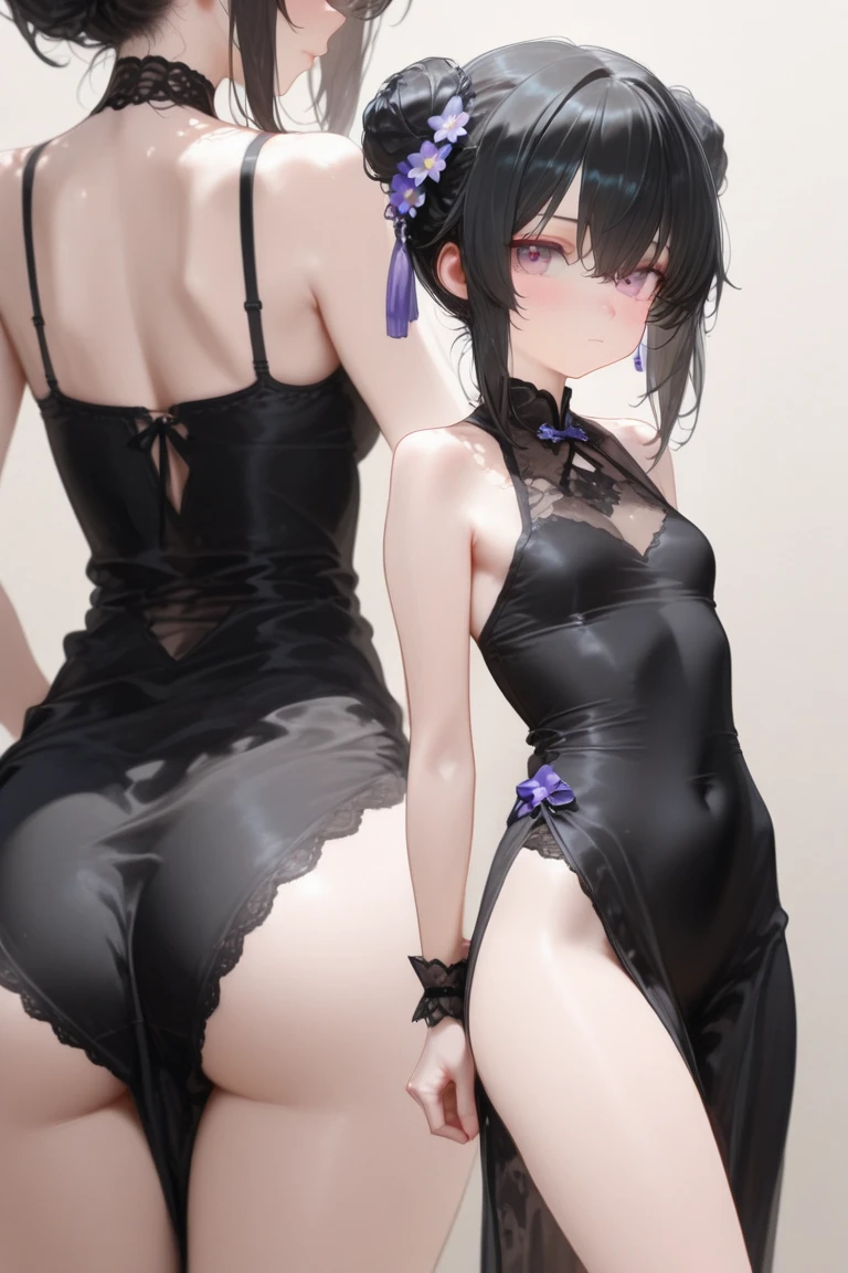 NSFW,1 girl、Red eyes、Short Hair、Brown Hair、choker、clavicle、長い髪のShort Hair、Side Lock,(slave:1.5),Tattoo,(Fine black lace lingerie:1.5),(Perfect hands),(Perfect Anatomy),(masterpiece),(highest quality),Embarrassed,blush,Bedroom