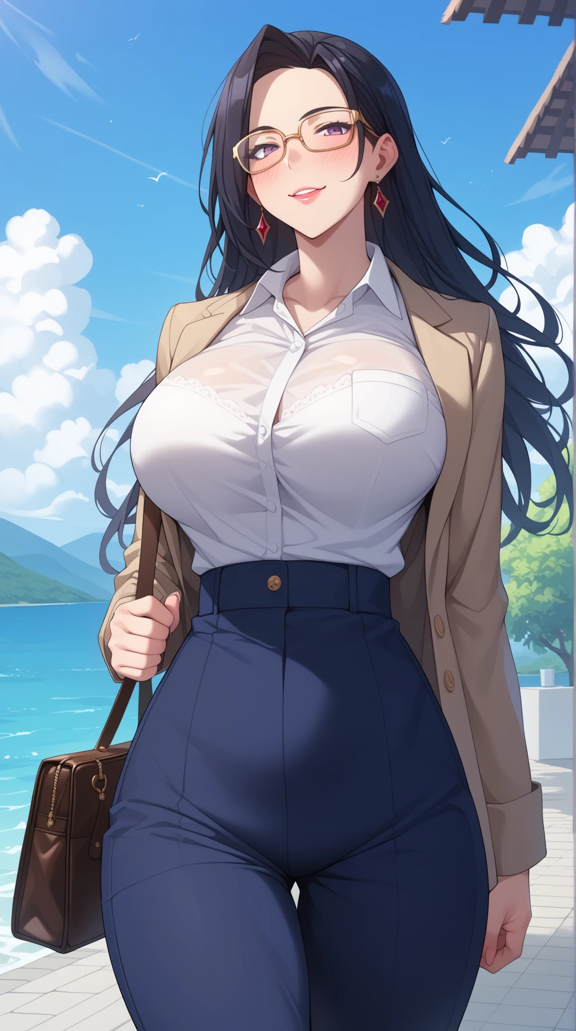 ((masterpiece,intricate details)),1girl,mature female,Top knot,,brown eyes,,,large breasts
BREAK
Ruffle blouse, distressed jeans, mules
BREAK
, Village_centered_around_fishing_and_seafood,,((cowboy shot)),from below:1.25,depth of field,looking at viewer,