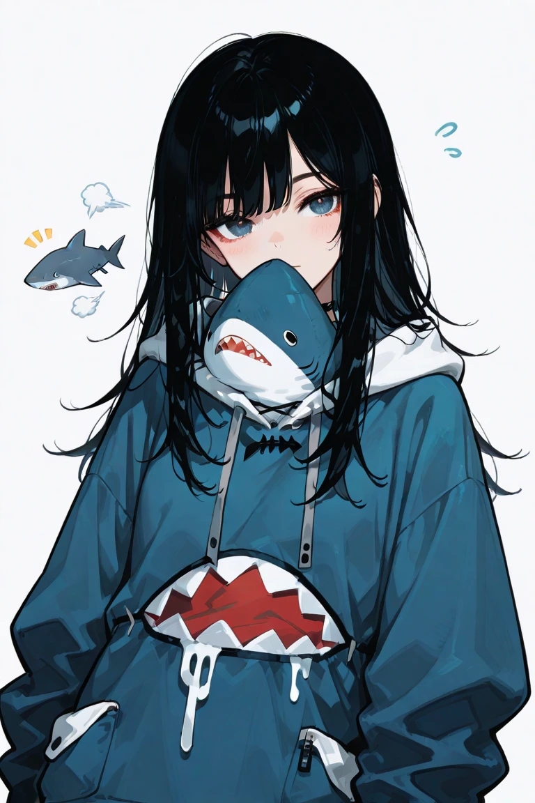 high quality,masterpiece,Naughty face, Nendoroid, Shark Hat, Shark Hatは耳がない, The hat has no ears, Shark costume, black haired, hairstyle bob, Metal, Shark ride,jk,on the bed,light blue micro bikini,Black hoodie
