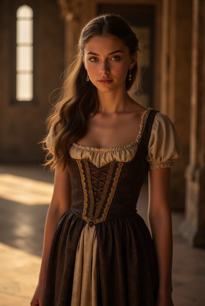 Clara Alonso, Masterpiece, a 15 years old beautiful Spanish medieval waitress, she si working in a mediaval tavern,
young, teen, ethereal beauty, shy, innocent, nervous smile, she is wearing a typical medieval waitress costume, (skinny body, full body), long brown hair, blue eyes, medium breasts, narrow hips, narrow waist, small ass, exposed shoulders, cleavage, skirt split, leg out
low key light, shy pose, David Hamilton style, full body view, sexy, lustful, teasing
best quality, photo-realistic, 16k, high resolution, detailed skin, uhd, dslr, high quality, film grain, inside a medieval tavern in the backgroung, strong vignette.