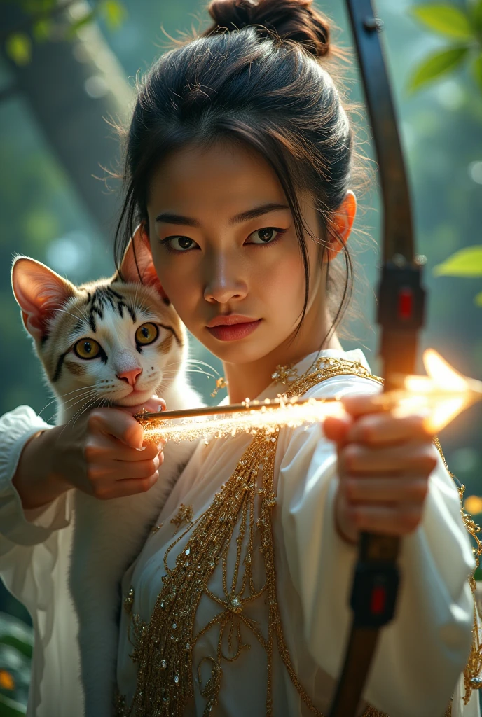 1 girl playing with a cat、Trying to shoot a glowing arrow。sexy outfit。