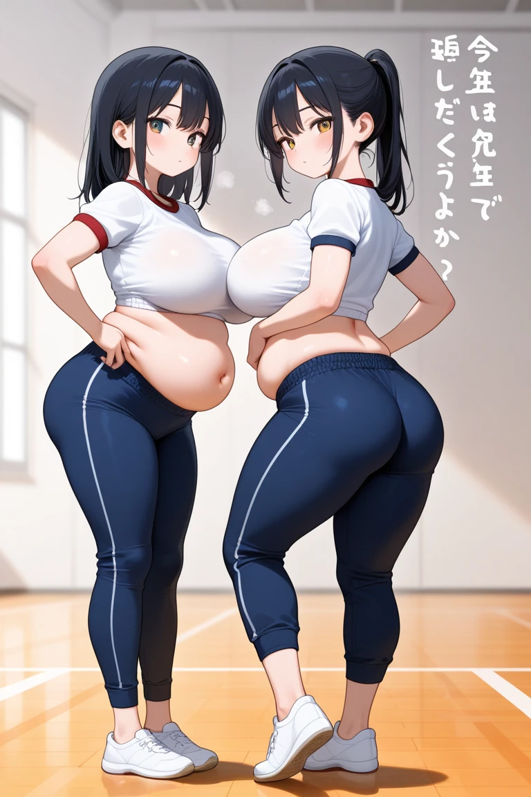(Full body, glasses, detailed), An image of two pregnant girls holding hands, they're wearing a gym uniform