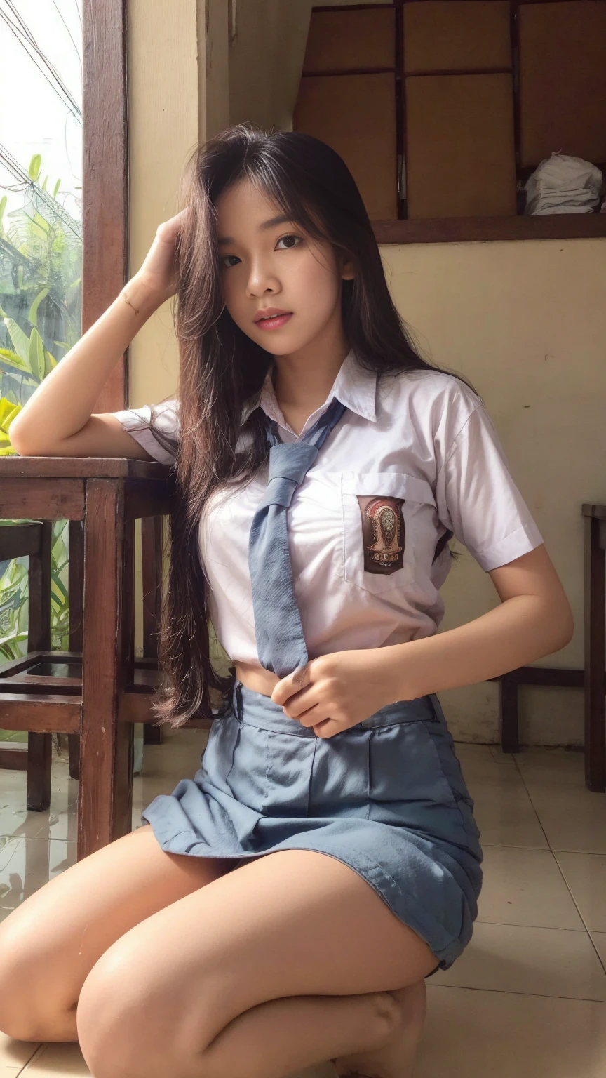 Indonesian face girl, wear skirt, Girl sitting on chair, open leg apart, seeing panties on skirt, visible panties