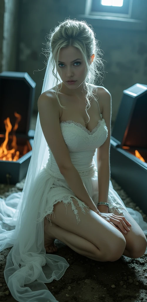 ((masterpiece, Highest quality)),One girl, firekeeper, Eye mask, sit, dark, Realistic Light, fire, dark souls, bonfire, Stone stairs, Deprecated, dark background facing viewer