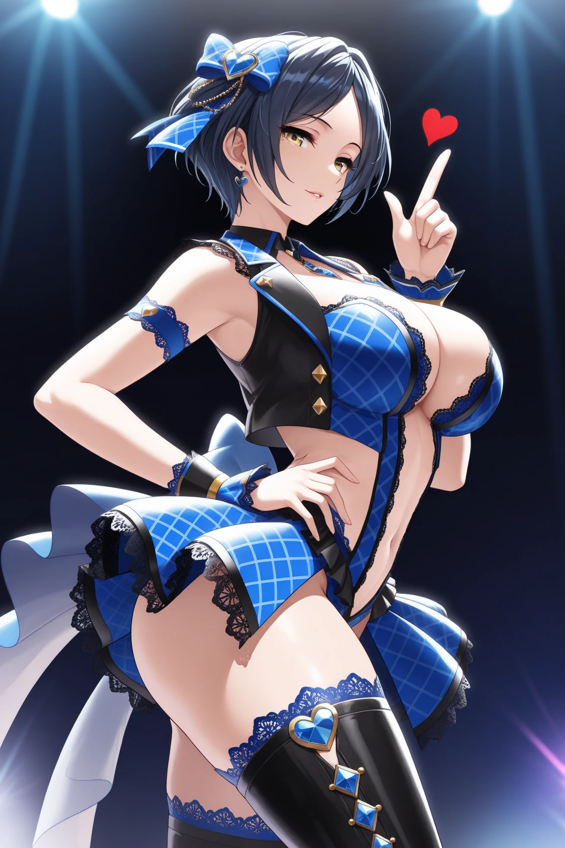CHUNYANLEE, PURPLE HAIR, BUN COVER, DOUBLE BUN, HAIR BELL, JINGLE BELL, RED RIBBON, HAIR RIBBON, HAIR BETWEEN EYES, SHORT HAIR, BLUE EYES,, large breasts,, Live Stage, solo,  , nsfw ,nipple, See Through