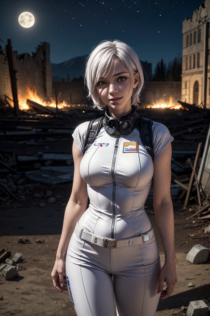 Gwen Tennyson,Tracer,Y'shtola Rhul, Rebeca Chambers,Oficina Ryza,nier automata,fechar para cima,Mecha piloto,ruins of the city,Tatuagens,Plugsuit branco e laranja, Steel short sleeve lycra top,white cargo pants,barriga descoberta,short hair,maquiagem fofa,olhos amarelos,Cabelos prateados dimensionais,sorriso sexy,Sardas,Beautiful girl,seios grandes,4K HD |,ultra detalhado,Realistic,arte de fantasia,Uniforme militar,uniforme de aviador,steel armor,piercings na orelha,pino de cabelo,holding a magic staff,