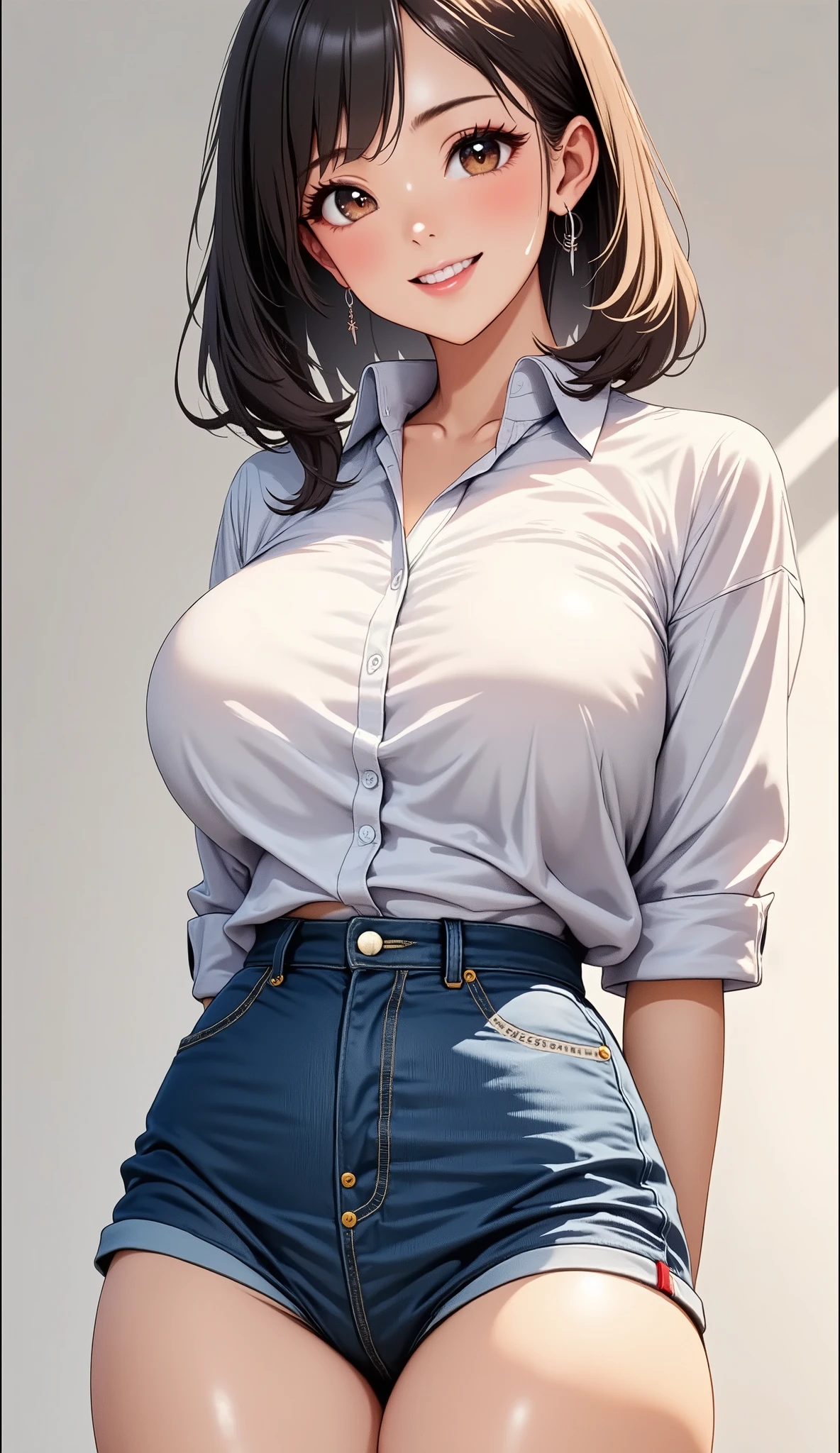NSFW, Beautiful girl, 20 years old, deep black hair, blue eyes, plaid denim low-cut shirt tied at the waist, tight jeans, Cowboy hat. The most beautiful woman in the world, busty
