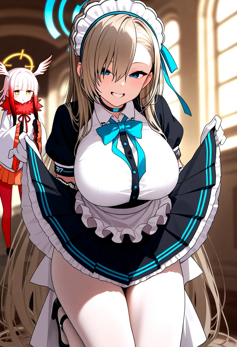 ((highest quality、High resolution))、(((2girls))), Portrait、Beautiful girl、Perfect body、beautiful ample breasts、Nipples、Long blonde、Maid、Embarrassed、(((Lift up your skirt and show your pussy))、Love juice