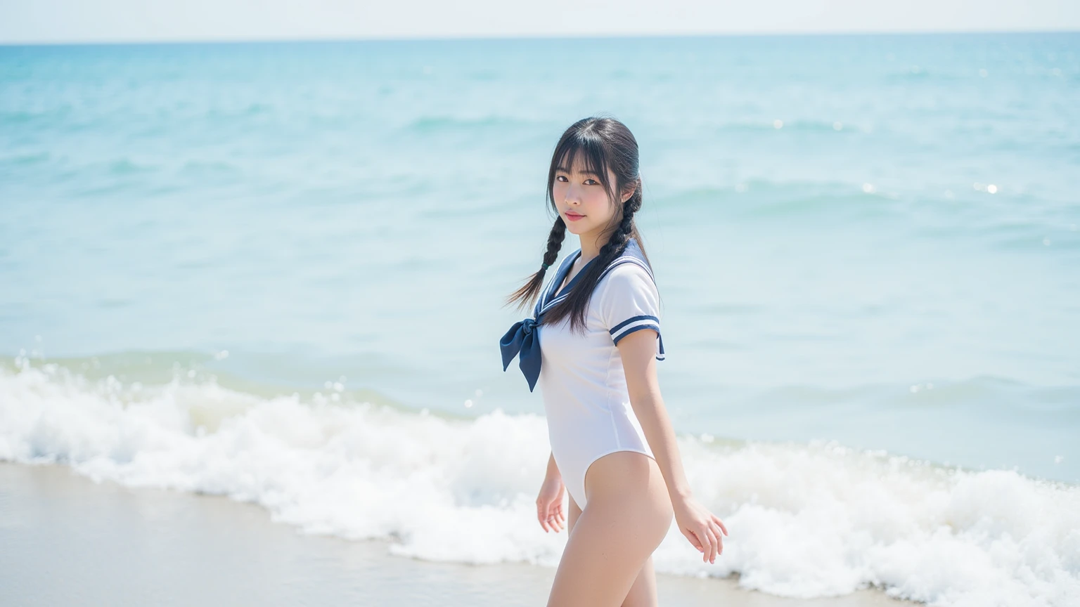 1girl,masterpiece, 12 years old;beautiful girl、8K quality, High definition, realistic pictures, professional writing, There is a woman jumping in the air from underwater to the sky., ((A pose that looks like dancing with the face facing upwards)), face upwards, dance in the air,artistic swimming, jump towards the viewer, jump towards viewer, she is floating in the air, jump into the air, jump on the audience, jump, jump with arms up, floating in the air, floating on the ground, Jump for joy, jump pose, horizontally jump!!!, wearing a sailor suit, high school girl,((Big wave crashing down)), ((Splashes of water splashing from the body)), Clear blue sky and white clouds, Sunlight flares