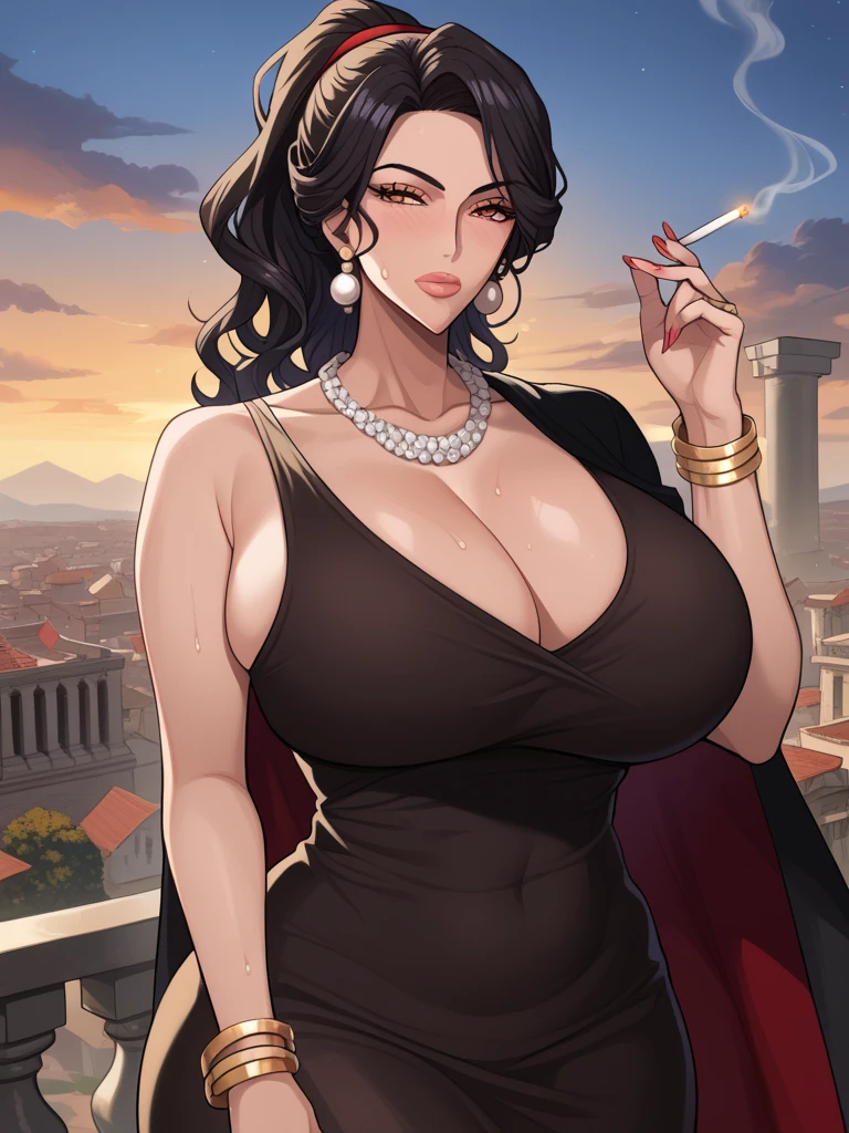 (masterpiece, top quality, best quality, official art, beautiful and aesthetic:1.2), (1girl:1.3), dark brown hair pulled back, elegant updo, braids, extremely detailed, portrait, looking at viewer, solo, (full body:0.6), detailed background, close up, facepaint, tribal tattoos, (warm summer ROMAN theme:1.1), busty human Roman Empress, elegant face, long face, ROMAN NOSE, charlatan, smirk, mysterious, walking in Roman Senate, revealing Roman dress, white and purple silks, toga, gown, ancient, gold jewelry, laurel crown, ((((gigantic breasts, skindentation, cleavage)))), muscular, strong, slim waist, slim hips, long legs, muscular legs, Ancient Rome (Roman temple senate interior:1.1) background, dark mysterious lighting, shadows, magical atmosphere, dutch angle,