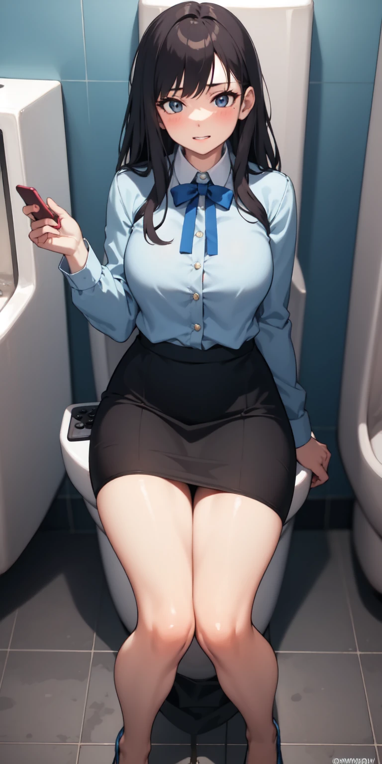 suggestive fluid，office lady，pov，Neatly dressed，selfee，Suspicious hair，Office dress，Office cubicles，Office chair，Take a selfie from above，covering used condom，suggestive gesture，eye glass