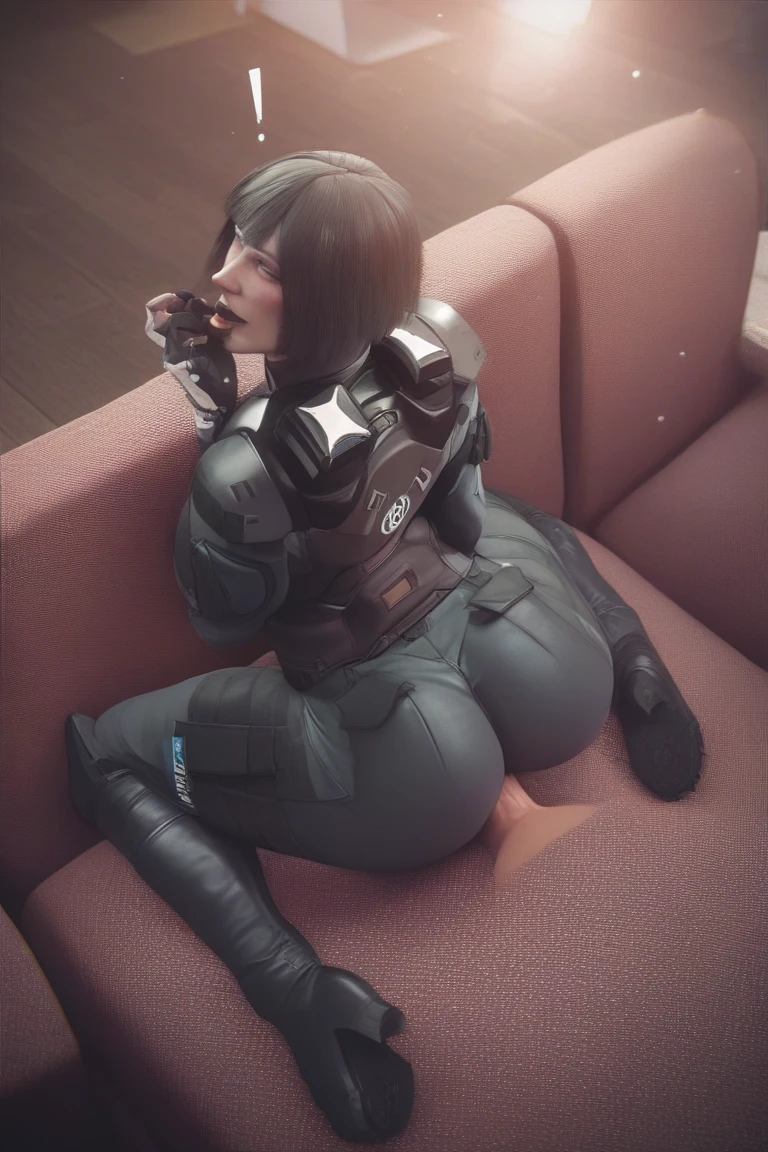 score_9, score_8_up, score_7_up, score_6_up, Solo, ((Detailed face)), sweating, covered in lotion, butt view, (Jill Valentine), holding butt with one hand, Jill wearing black latex battlesuit, (Detailed 8k suit),