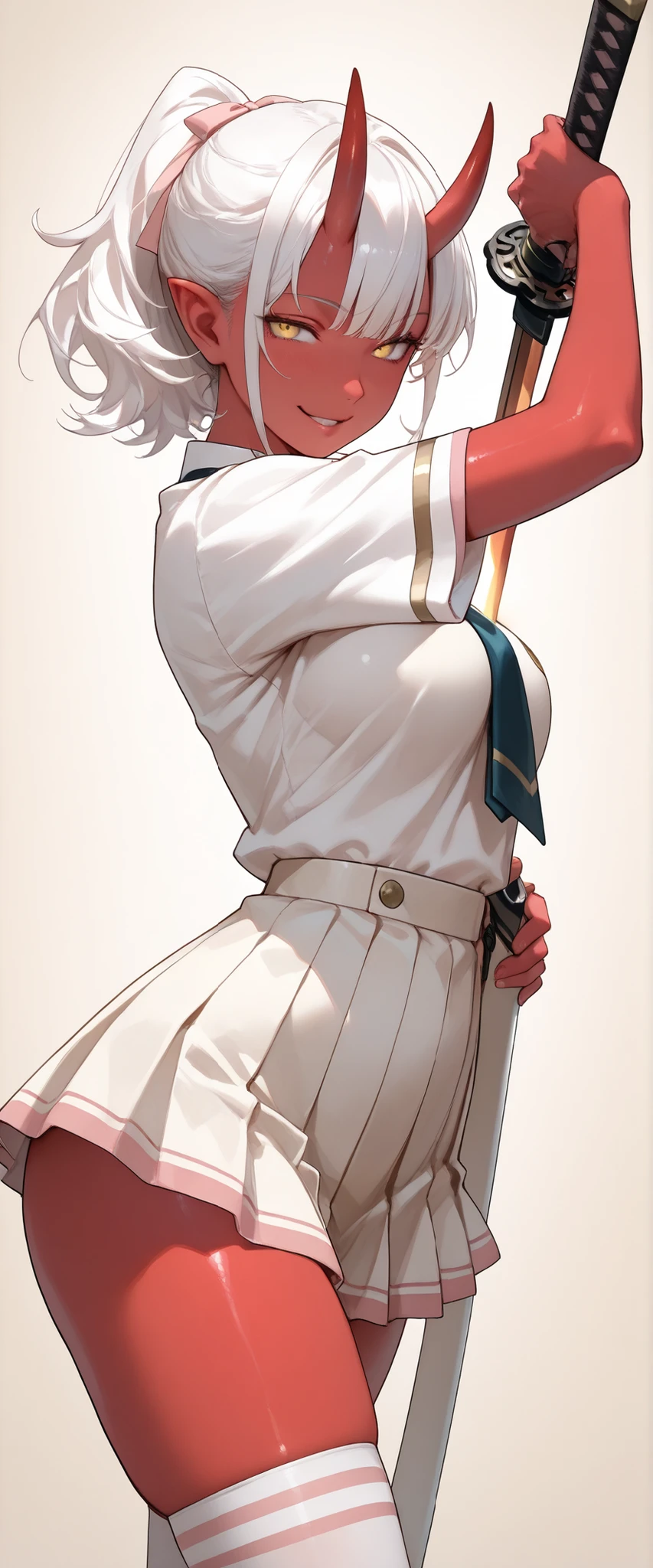 (masterpiece), best quality, expressive eyes, perfect face, ((1 girl)), Oni, horns, pointy ears, short hair, white hair, yellow eyes, Ponytail, medium breasts, breast expansion, seductive pose, seductive smile, looking at viewer, cowboy shot, ((( High school uniform, cream colour uniform, Extremely short Micro miniskirt))), (( plain background)), semi realistic, (((red skin))), ((unsheathing a sword, hand on sword)), white thigh highs, knee length socks, wide hips, high waist, micro skirt, full body
