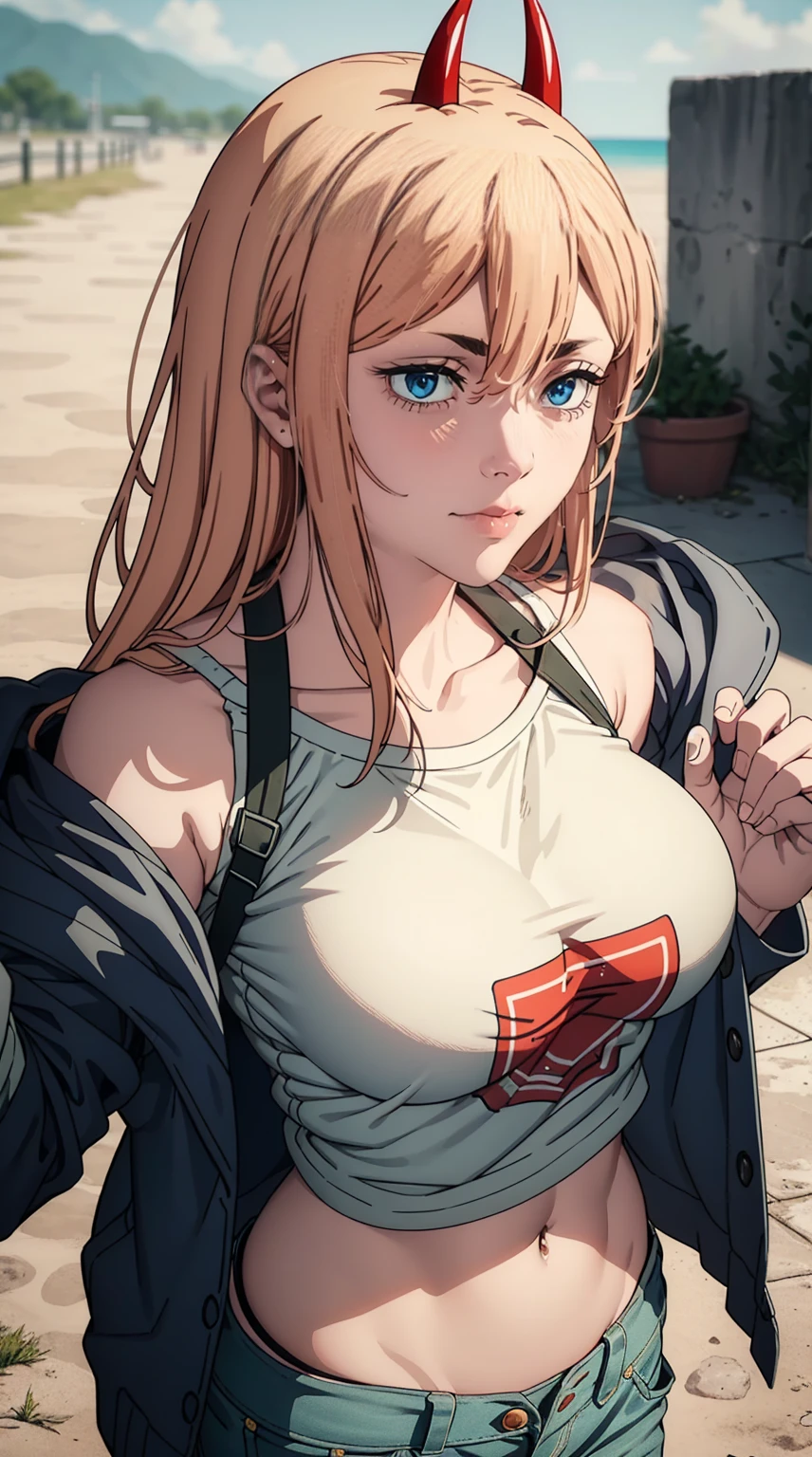 Masterpiece, Highly detailed, Best Quality, extra high resolution, 1girl, Horns, hairlong, looking a viewer, Average Breasts,, En plein air, power (chainsaw man), Day,  blusher, Smile, blue jacket, pants, horns demon, Yellow eyes, cross-shaped pupils, Shirt, Hair between the eyes, Black pants, (off-the-shoulder:1.3), (partially_unbuttoned:1.2), White shirt Ultra transparent, Chainsaw Man Energy, Two red sharp horns on the head, ultra sharp image, Ultra Beautiful, little chest. hairlong, blonde woman, Beautiful figure, taut clothes, T-shirt with the image of a cat, jean shorts, Shoes, bright yellow eyes, Red crosses and circles instead of pupils, handsome body, sexy clothes, Beautiful eyes, very detailed eyes, Very detailed face, handsome body, Cherecter Desing, Very detailed, Detailed body, Detailed hands, Detailed, Vibrants, Detailed Face, sharp-focus, WLOP, artgerm, anime art, Vibrants, Detailed Face, Hugh Details, sharp-focus, Very drooping face, A detailed eye, super fine illustration, better shadow, finely detail, Beautiful detail