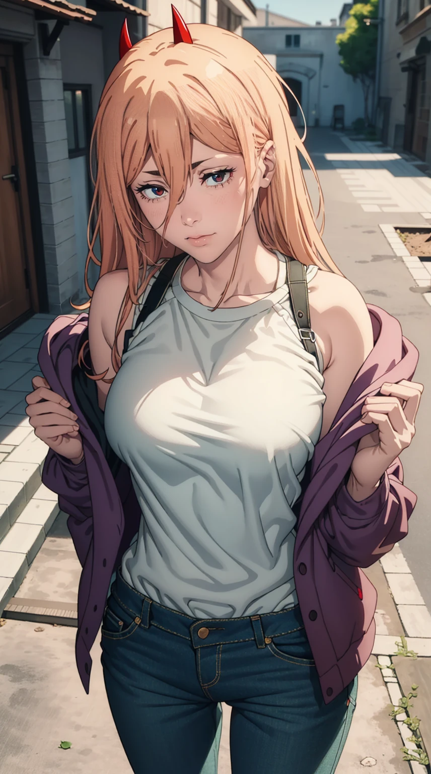 <lora:Sophie_SW:1> Sophiedef, blonde hair, long hair, purple eyes,
masterpiece, best quality
denim shorts, cleavage, hand in pocket, hooded jacket, 1girl, shirt, cowboy shot, hood, jacket, outdoors, navel, long hair, denim, shorts, white shirt, crop top, hoodie, solo, short shorts, pink jacket, large breasts, breasts, midriff, building, hood up
