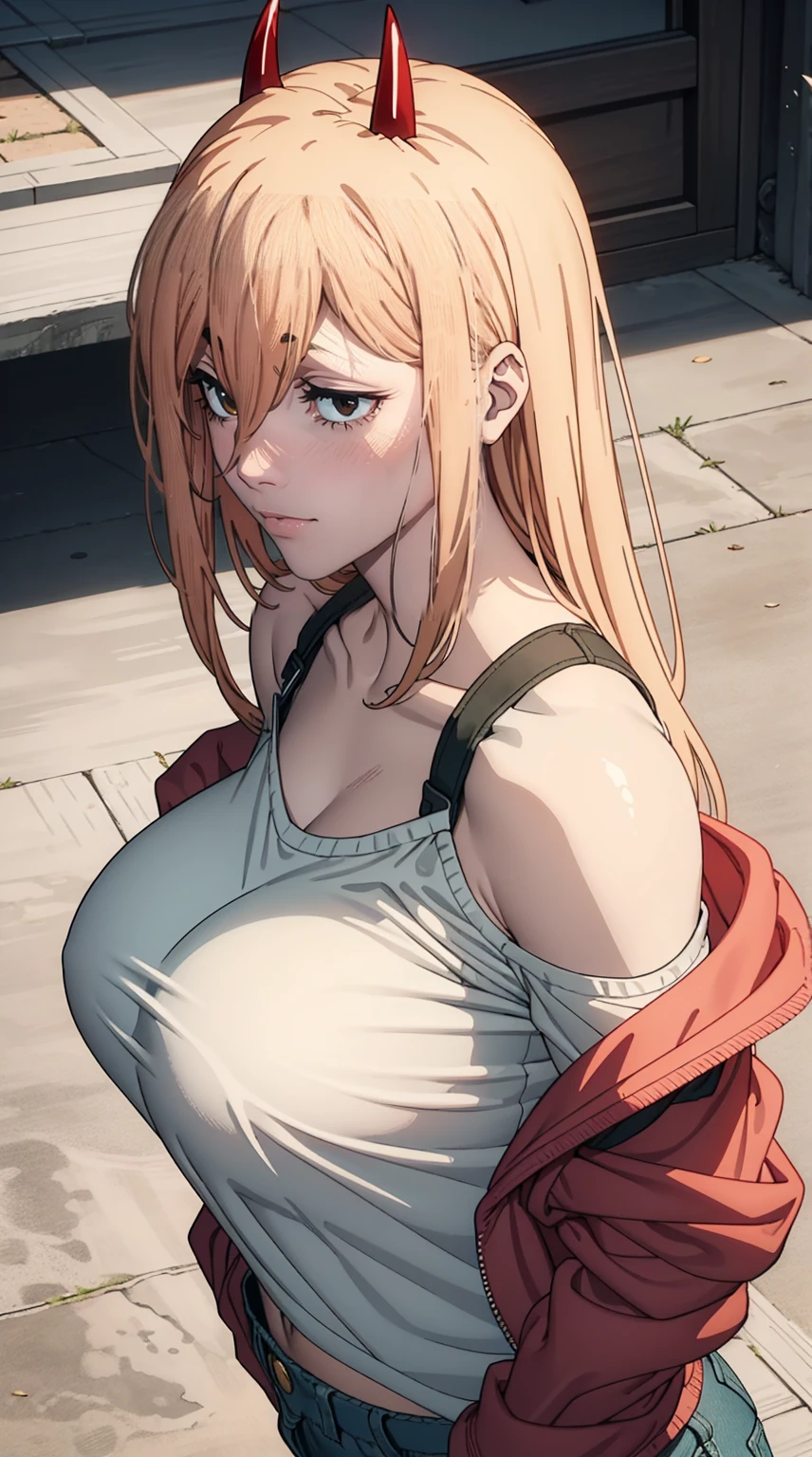 Masterpiece, Highly detailed, Best Quality, extra high resolution, 1girl, in full height (Body Full 1.1), Horns, hairlong, looking a viewer, Average Breasts,, En plein air, power (chainsaw man), hooligan, rebel, Smile, blue jacket, pants, horns demon, Yellow eyes, cross-shaped pupils, Shirt, Hair between the eyes, Black pants, (with grinning shoulders:1.3), (partially_unbuttoned:1.2), White shirt Ultra transparent, Chainsaw Man Energy, Two red sharp horns on the head, ultra sharp image, Ultra Beautiful, little chest. hairlong, blonde woman, Beautiful figure, taut clothes, T-shirt with the image of a cat, jean shorts, Shoes, bright yellow eyes, Red crosses and circles instead of pupils, handsome body, sexy clothes, Beautiful eyes, very detailed eyes, Very detailed face, handsome body, Cherecter Desing, Very detailed, Detailed body, Detailed hands, Detailed, Vibrants, Detailed Face, sharp-focus, WLOP, artgerm, anime art, Vibrants, Detailed Face, Hugh Details, sharp-focus, Very drooping face, A detailed eye, super fine illustration, better shadow, finely detail, Beautiful detail, pregnant