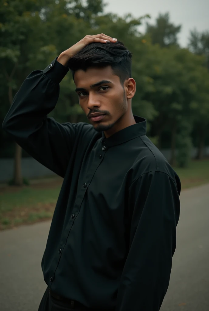 there is a man standing in a park looking down at his cell phone, ayan nag, amidst nature, mohamed chahin style, wearing a black shirt, by Max Dauthendey, candid!! dark background, casual photography, candid picture, with lovely look, shot on sony a 7, profile shot, smooth in _ the background, potrait, beautiful man