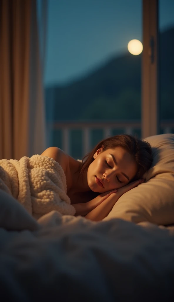 cinematic photo of beautiful girl, 24 y.o ,(sleeping)), sleeping in the camp, The camp has a transparent window looking outside, sexy, beautiful makeup, perfect lighting, vibrant, high detailed, epic, movie still, film grain, rain, dark light, ((night)) , (Masterpiece, Best Quality, High Quality, Highres:1.4)