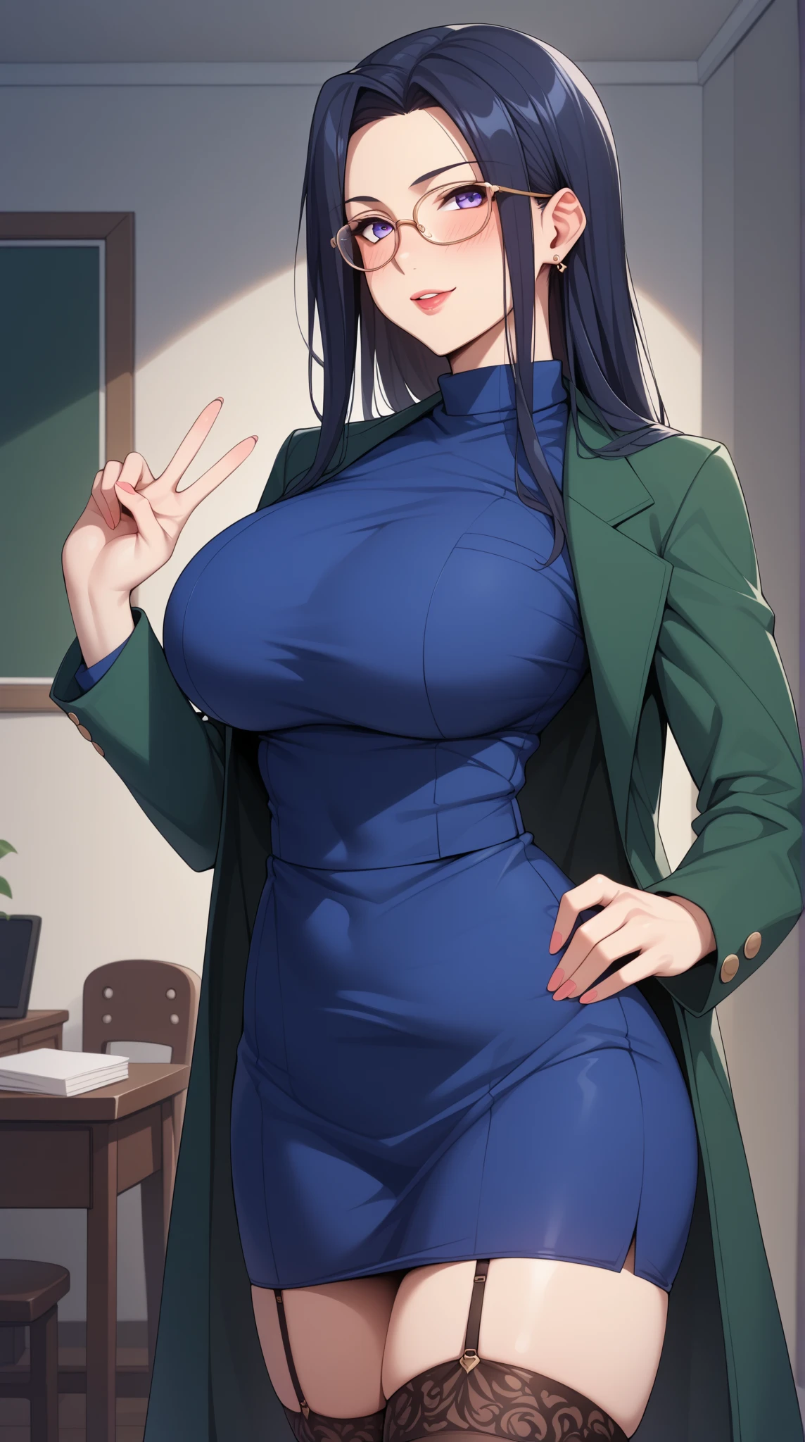 Black hair , big breasts red bra , unbuttoned green shirt , tight skirt , looks at us with a smile , front view , seductive anime woman