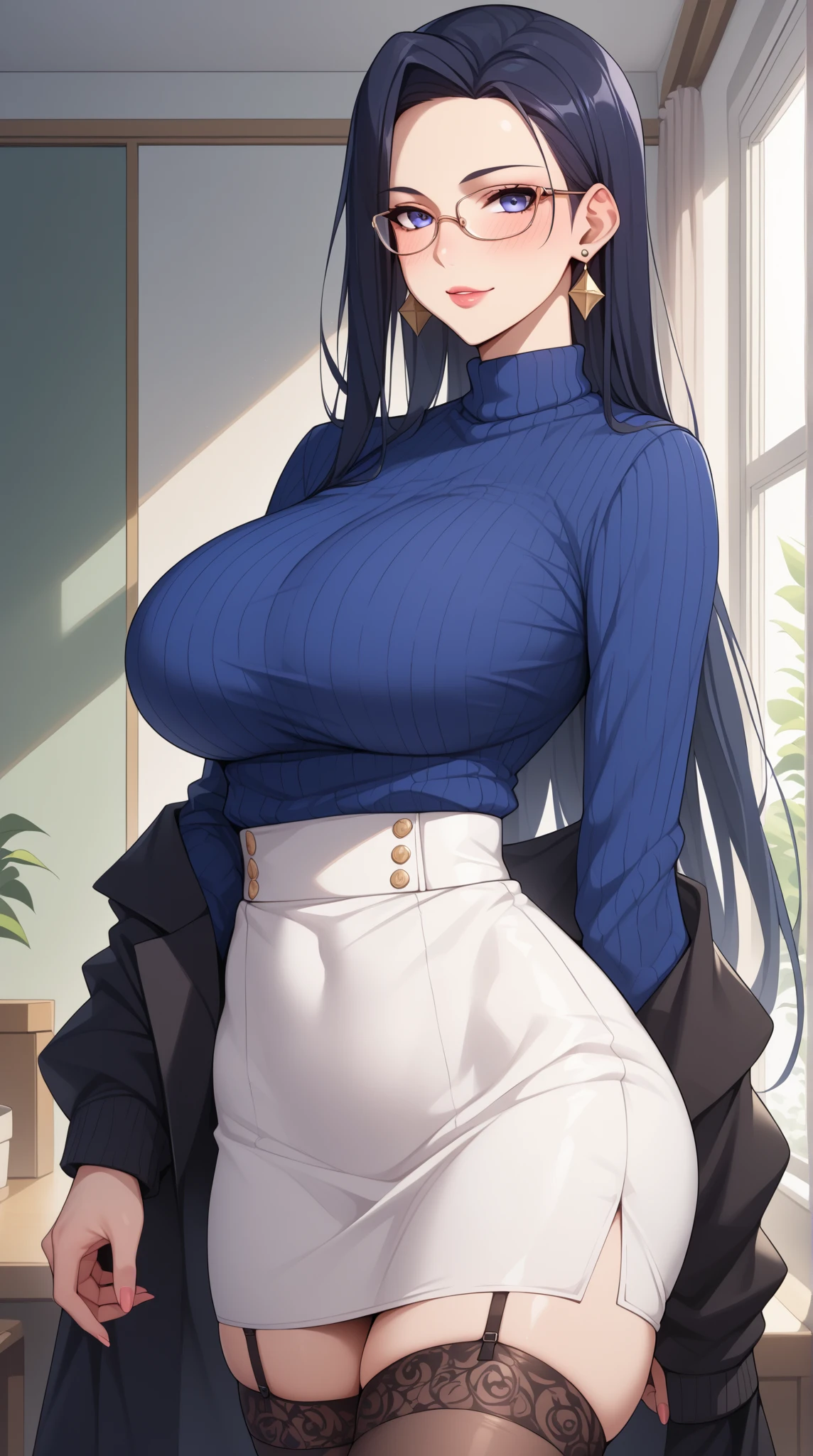 ((obra maestra)), ((mejor calidad)), (ultra detallado), ((extremadamente detallado)), 4k, (8K), mejor calidad, (Hermoso), estilo animado, mirar hacia arriba desde abajo, bar, Noche, una chica guapa, 1 chica, solo, traje, Hermoso rainbow hair, Hermoso blue eyes, ((Hermoso eyes)), De piel blanca, pendientes, cuello, sonrisa