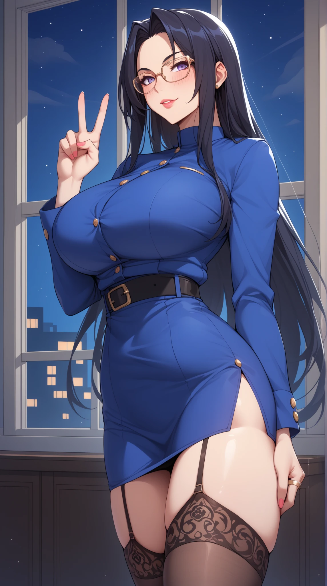 (Night:1.4), Japan, Tokyo, CityView, Before Window,
Standing at attention,(from_front),
formal, blue jacket,pencil skirt,white shirt,pantyhose,
jewelry,earrings,necklace,office lady,
brown hair,  yellow eyes,bangs,braid,
1 girl, 24yo,mature female,Beautiful Finger,Beautiful long legs,Beautiful body,Beautiful Nose,Beautiful character design, perfect eyes, perfect face,
looking at viewer,girl in the center of the image,
NSFW,official art,extremely detailed CG unity 8k wallpaper, perfect lighting,Colorful, Bright_Front_face_Lighting,
(masterpiece:1.0),(best_quality:1.0), ultra high res,4K,ultra-detailed,
photography, 8K, HDR, highres, absurdres:1.2, Kodak portra 400, film grain, blurry background, bokeh:1.2, lens flare, (vibrant_color:1.2)
(Beautiful,Large_Breasts:1.2), (beautiful_face:1.5),(narrow_waist),