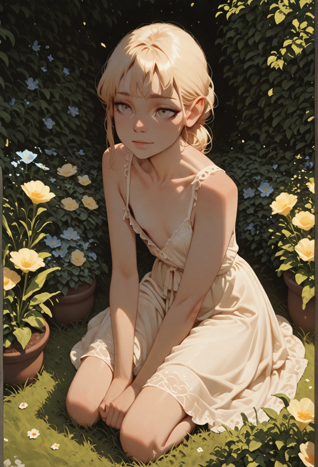 ((((стройная skinny)) Exquisite)) (((gentle beauty girl 16 years old))) (((with soft plump lips))) (with beautiful expressive eyes) (((вполоборота с открытыми плечами с обнажёнными ключицам with tender полуобнажённой спиной))) ((open waist)) (((with tender (bare breasts) (with small soft pink nipples)))) ((barefoot)), ((((nude)))), ((((with precious bronze and copper and precious ornaments in the hair and on the neck, bronze earrings)))), (((in the flower garden, many plants and exotic delicate flowers))), ((gentle lips, tender wet eyes, graceful stylish face, expressive cheekbones)), (maximum number of details and details), ((gentle open shoulders and chest)), (((a small drawing of a soft purple flower under the collarbone))), ((a lot of precious jewelry)), ((in an elegant garden against a background of foliage and decorations and columns and ornaments)), ((in the style of Chinese traditional silk painting)); ((dawn morning summer gentle golden light)), ((pastel soft warm shades)); ((warm (summer) Early morning)), ((dawn soft warm light)); (draw ((in watercolor style))); ((very beautiful exquisite face)); ((High image quality, High detail)), (((discreet faded shades, pale expressionless colors, imitation of film photography, diffused soft light))); ((big alien eyes), (((skinny)))); (((delicate mint shades))), (((sfumato, haze)))