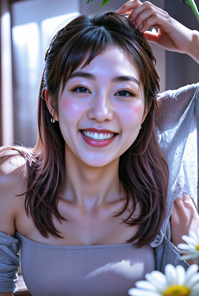 ​masterpiece、beste-Qualit、realisitic、(A hyper-realistic), (illustratio), (hight resolution), (8K), (enormously detailed), (The best illustrations), (beautiful detailed eye), (beste-Qualit), (ultra-detailliert), (​masterpiece), (wall-paper), (details face), a bed、Upper body close-up,Armpit, A smile,Plump,独奏,（Wearing a plummeted open shirt of white silk:1.5）, japanes, large full breasts, (camel's toe)、gigantic-breast、Luxury living room、Detailed white teeth、ultimate beauty girl、No bra、Wrap a yellow ribbon around your neck、Perfect beautiful teeth、Brown hair、Kizi、(beautiful detailed teeth)、Navel、