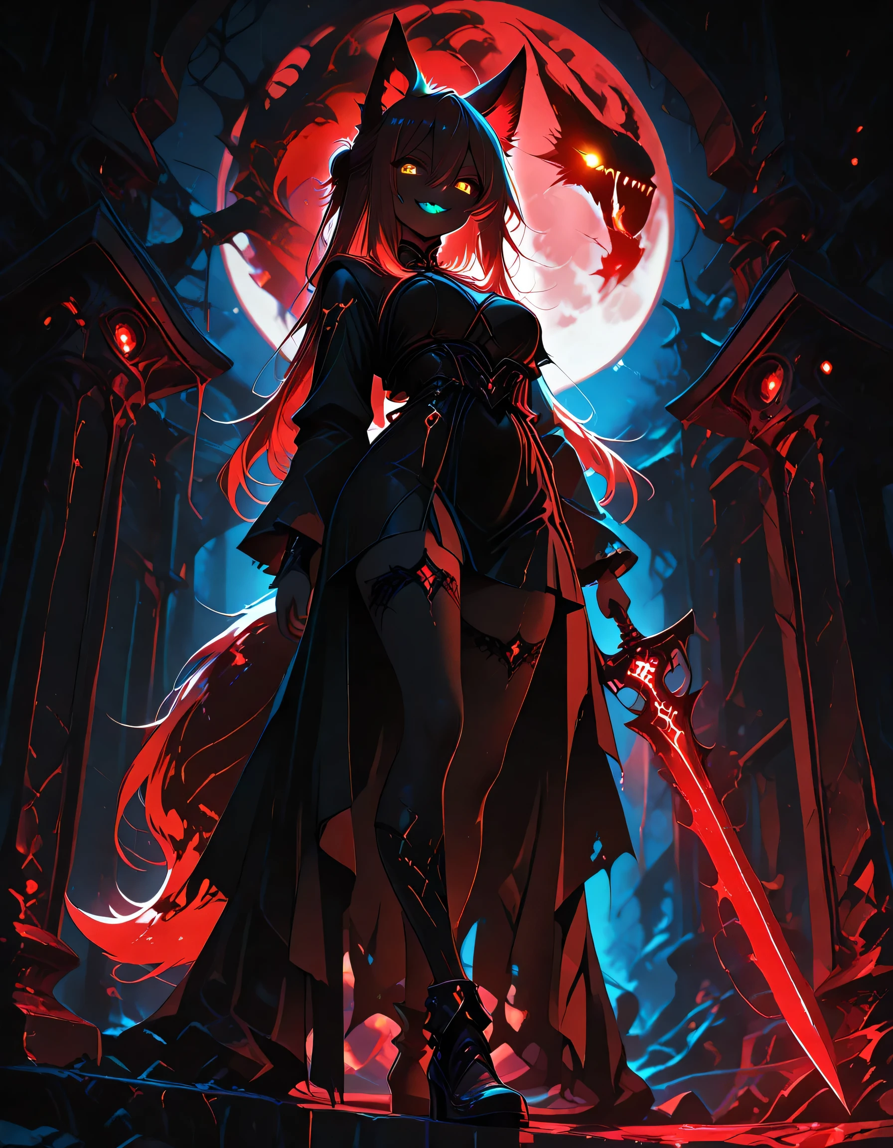 ,hauntedglow, glowing eyes,ethereal_glowing, neon_trim, shadow, backlighting, 1 woman , golden eyes , very long hair , long sidelocks, red hair ,half updo, petite , very cute , beautiful ,Straight hair, cool, handsome, hair between eyes, sexy, medium breasts cool, beautiful, fox girl, fox ears, fox tail, long hair, glowing hair, beautiful eyes, clear eyes, glowing eyes , beautiful face, cute face,dangerous smile, glowing teeth, full body, glowing tail (in red), standing, standing on pillar , glowing sword in hand, glowing full moon, view from below, looking at viewer