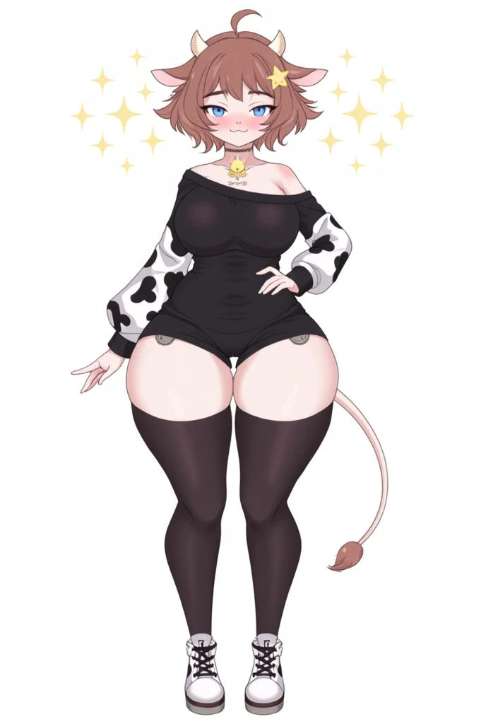 (((shorts Overall))),
BREAK,
((Cow pattern on body)),
BREAK,
dark skin:1.1,
BREAK,
(micro bra),
BREAK,
(masterpiece), best quality, highly detailed face, expressive eyes, Professional Photography, full body shot, hands on hips,
BREAK,
Girl Cow, ((short curly hair)), cow bell,
BREAK,
((heterochromia eyes)), sharp eyeliner, thick eyebrows,
BREAK,
(Huge breast:1.1), hourglass body, slim waist, (hips:1.1), puffy , long legs,
BREAK,
boots Heels, (Stockings), suspender,
BREAK,