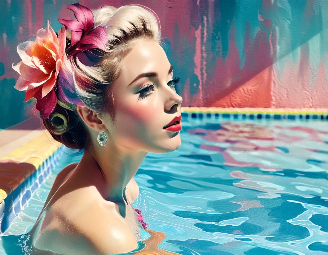 GIL ELVGREN a woman in a swimming pool by agnes cecile, luminous design, pastel colours, ink drips, autumn lights, vectorial art, tshirt design, isolated in a black background