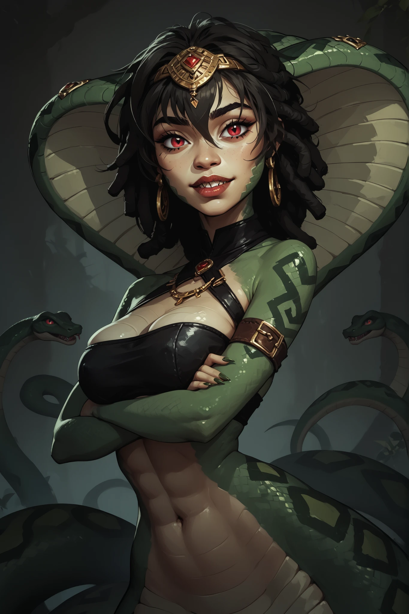 Slender body. Dark green shiny snake-skin. Cute 18-year-old Aztec naga-girl with Asian red eyes and unnaturally sharp teeth and dreadlocks with white highlights. Lamia with green snake-skin. She has a cute and beautiful face. She has a round and young face with a pointy chin. Her body is athletic with abs. She wears all-black intricate leather bandeau. Background: medieval jungle ruins. Realistic lighting. DnD art-style. fake box art, semi-realistic, Looking at the viewer.