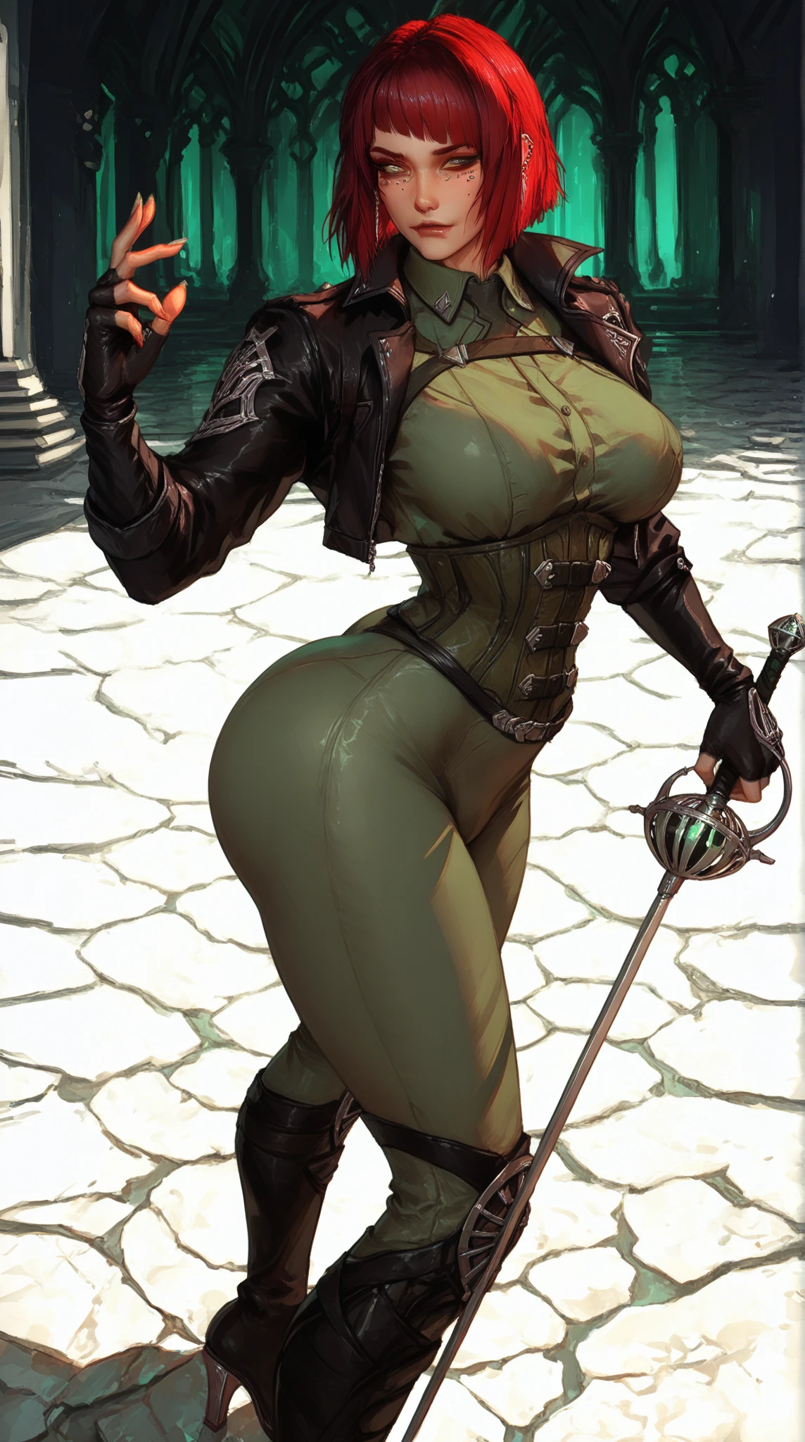 masterpiece, absurdres, 4k, (green skin), small pointy ears, portrait goblin woman psychiatrist, wearing ornate leather catsuit, wearing silk stockings, posing with a whip, dynamic pose, wide stance, jewelry, medium breasts, sly smile, ((long silver hair)), volumetric lighting, grey eyes, ambient lighting, dimly lit, sexy lighting, cinematic still, sexy, dangerous, turned on, whips and chains in background
