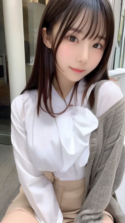 (((Kamimei、Mouth ajar))),(((((put your hair up、learning forward、kiss face、light gray sock skirt、 White blouse、high-heels))))),((In the office、In the company、In the reception room、frombelow))、masutepiece, 1girl in, best qualtiy, Ultra Detail, (shiny), (Small)、(((with blush cheeks,))),Ray tracing,Perfect white skin:1.2),reflection, up looking_で_viewer, blush, bow ribbon, yellow_Eyes, White choker, Low_Twin-tailed、Japan's cutest 28-year-old beautiful girl、Small ribbons in the hair、Contrast Legs