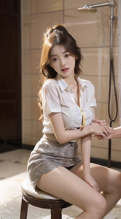 ultra highres,(reality: 1.4),highest quality, masterpiece, high detail, 16K quality, beautiful, 1 beautiful girl,japanese,super beautiful face,baby face,japanese idol face,super cute face,super detailed face,detailed hand,beautiful skin,glossy skin,wet skin,big eyes,smile,cinematic lighting,medium hair,wavy hair,brown hair,brown beautiful eyes, white shirt,open shirt,bare nipples,medium breasts,checked skirt,skirt lift,sitting with knee up,spread legs,arms behind back,(((show off pussy))),(detiled pussy),necklace,high socks,under hair,nsfw,she is looking at the camera,class room,