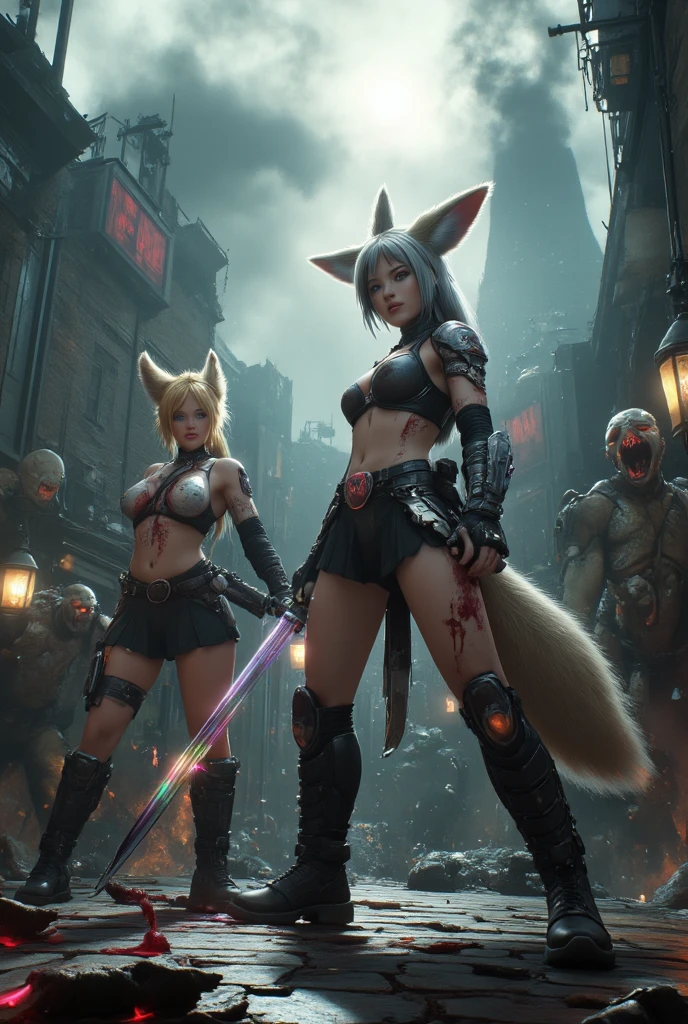 (Full body shot:1.3), Must show your face, anatomy correct, Stocking tights must be worn, Pink-and-white werewolf woman，Complex and diverse campus background，Strangling effect, High-heeled leather shoes, anklet, leg loops, collars, Heavy makeup, A shallow laugh, hyper HD, Ray traching, structurally correct, Award-Awarded, high detal, lightand shade contrast, Face lighting，cinmatic lighting, tmasterpiece, super detailing, high high quality, high detal, best qualityer, 16k