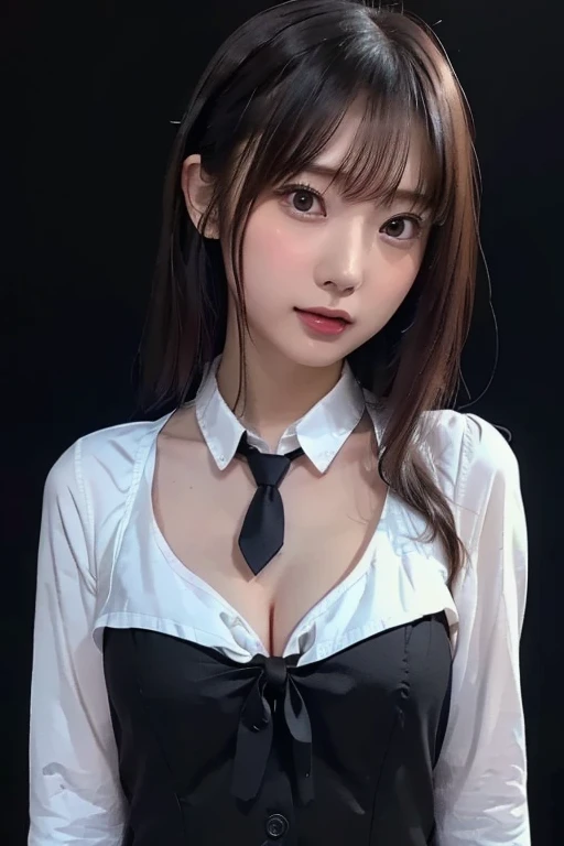 ((Beauty like a model)), Japan Girl,1 persons,masterpiece, The highest image quality, ultra-detailliert, (perfectbody:1.2), ((Perfect face+Brown hair)), Close up of, short wavy hair,Trailing hair,Viewer's Perspective, detailed hairs、Detailed eyes(realisticeyes),profetional lighting,middlebreasts,(Brown eyes),slenderbody,adult lady,About 28 years old,glamor,kindly smile,Half Girl,Lashes,二重まぶた,Y-shirt and tie,Raw photo,Sexy lips,Lovely smile,she crumpled her face and smiled,Wearing a suit,abdominals,Constriction,Beautiful back,