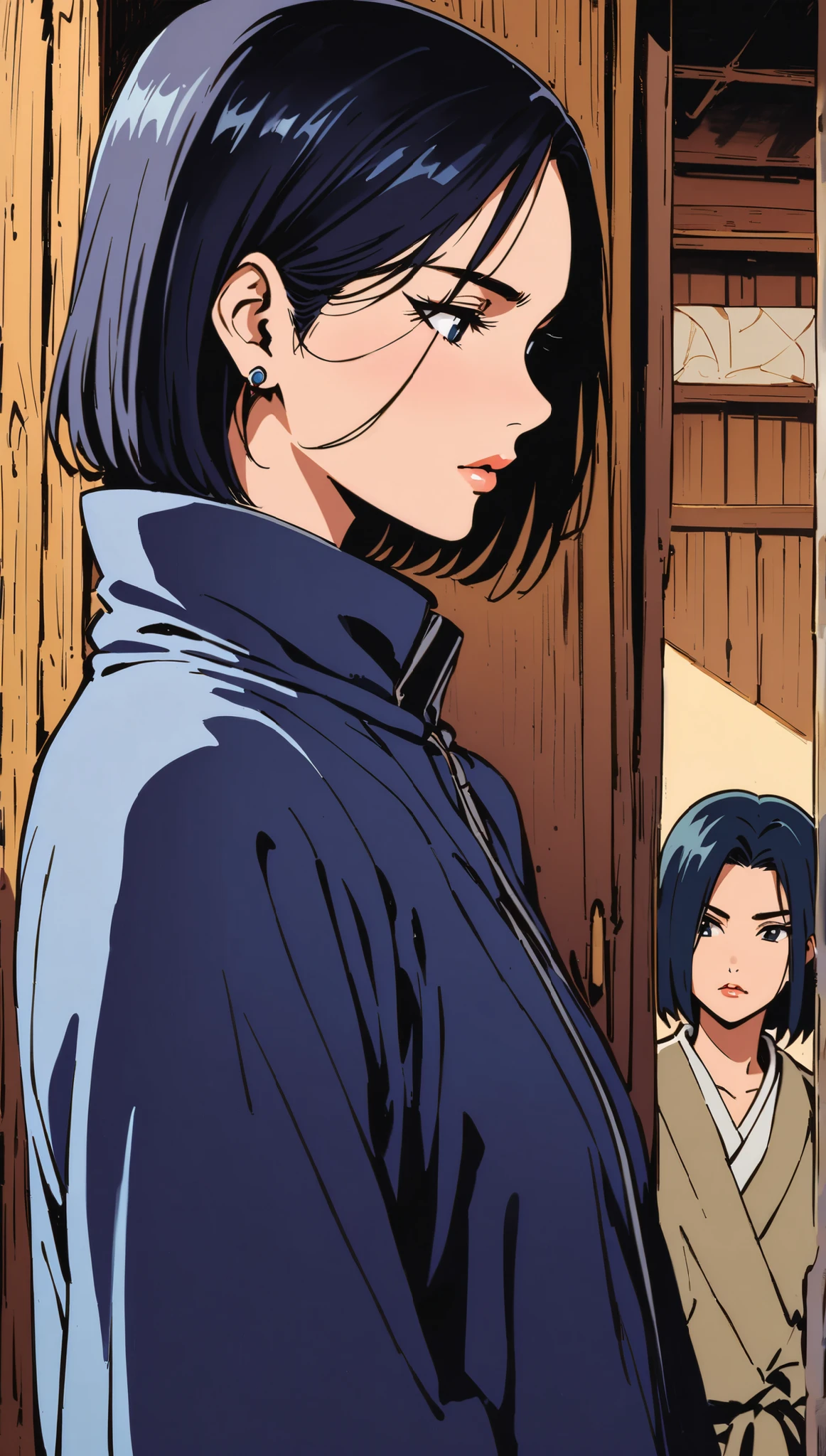 vintage movie, girl, short hair, ((navy hair)), straight hair, woman body, cute earrings, ((dressed like hyuuga neji from naruto)), dutch angle
, hyuga clan, shinobi village, konohagakure, (((perfect lips))), perfect hair, looking down, shy, melancholic, ((young)), ((19 years old)), shonen style,
((solo girl)), straight spine, noble posture, conveys shyness