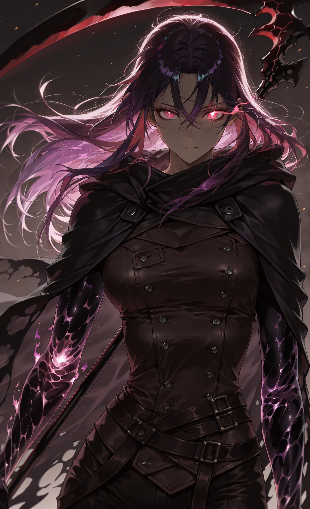 style of [arknights|(748cmstyle:0.5)], deep abyss, dark abyss, cosmic abyss, cinematic shot, mature, young adult, masterpiece, best quality, amazing quality, very aesthetic, high resolution, ultra-detailed, absurdres,
1girl, woman, solo, alone,(dynamic pose, side eye, looking at viewer, upper body focus, action shot, dutch angle, three quarter view, close up, cowboy shot:1.2), (wraith:1.44), purple accents, purple flames, SeeleVelionaNyx, red eyes, black and red hair, gradient hair, purple hair, glowing hair, veiled smirl, hair covering one eye, glowing purple hair, burning eye, abyss eyes, black flame cloak, half body, multicolored hair, colored inner hair, long hair, purple flame scythe, dark purple, dark scythe, demonic arsenal, hair between eyes, darkness, abyssal, arm made of purple flame, ghostly arm, ghostly body, novuschroma79 style, glitch art photo
BREAK, depth of field, volumetric lighting
 