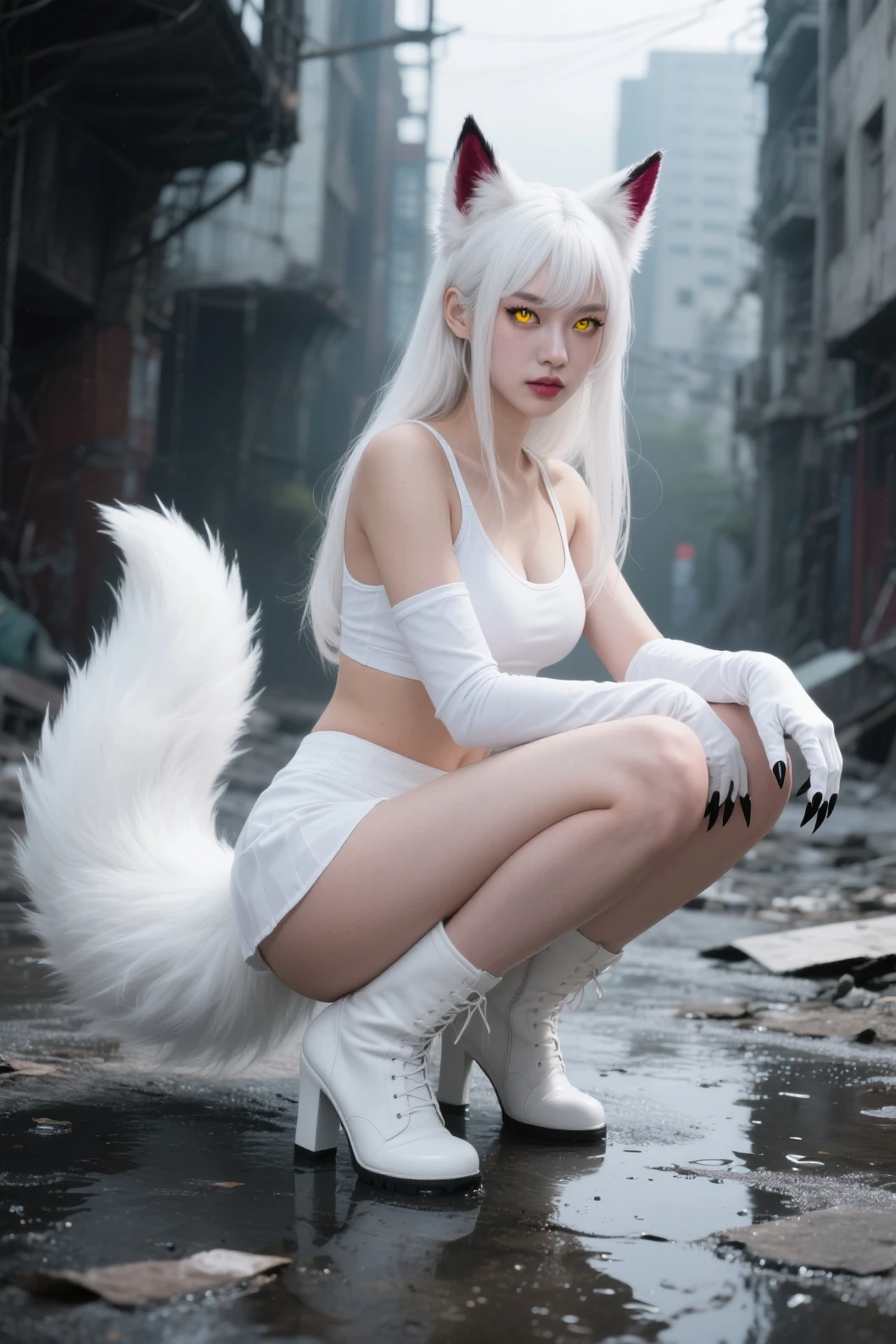 masterpiece, best quality, highres, best illumination, depth of field, complex background, detailed background, looking at viewer, from below, lens flare, amateur photo of a close-up of a woman, 1girl, 21 years old, petite body, upfront, ((fur)), furry paws, edge lighting, pubic hair, pale skin, porcelain_white_skin, white hair:1.6, nude,(((dynamic posing, all fours, standing, laying, sitting, pussy view))), nude, ((cameltoe view)), pubic hair, (((furry_body))), long_tail:1.6, 1girl, long hair, whisker, (((body fur))), solo, animal ear fluff, (three-tone fur), paws, (fur_skin, furry skin, animal fur skin), (skinny), (fur on arms, fur on legs, for on torso, fur on breasts), furry, furry female, cat ears, ((beautiful face)), (((tail))),  film photograph, film grain, polaroid film photography, soft focus,
<lora:conceptExcessivePubic_v10:0.8>
<lora:InstantPhotoX3:0.2>
<lora:NightphotoV1-0:1.2>
<lora:hellhound_V1-Manityro:0.8>  (hhmge, monster girl, black sclera, slit pupils, animal hands),