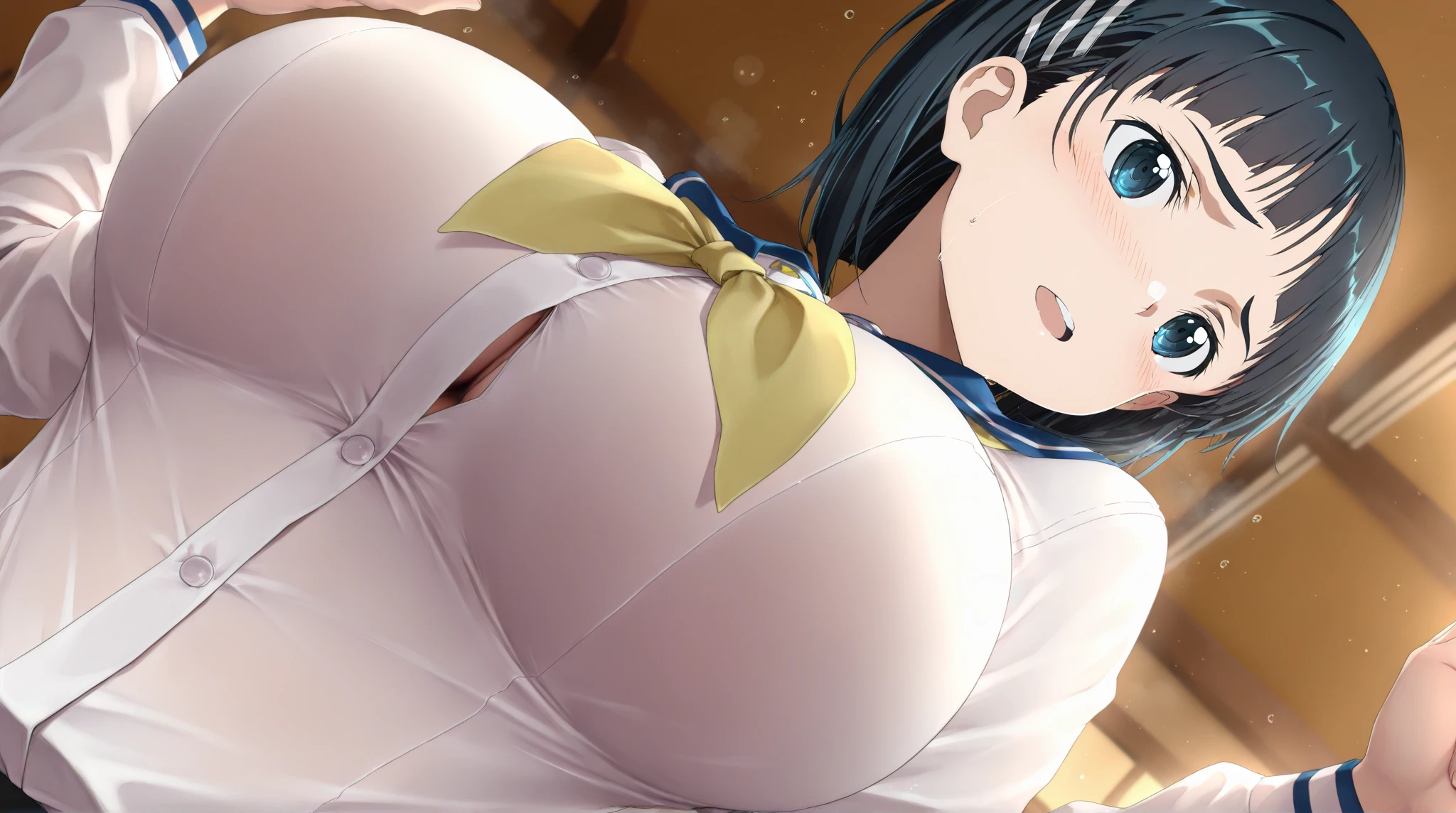 Haruko Amaya, Maken_ki, score_9, score_8_up, score_7_up, score_6_up, score_5_up, score_4_up, BREAK source_anime, source_explicit, oneshota, 1boy and 1girl, the boy is nude:1.6, girl sleeping on her back:1.6, open your legs, boy grabs girl's breast:1.6, fear:1.2, blush, face to face, boy rides on girl, megami magazine, anime screencap, BREAK 1girl, White sailor suit, shirt lift, Short sleeves, red neckerchief, Highleg Panties Thong, No bra, tareme, blue eyess, Purple hair, long hair:1.6, Bangs, Ponytail, ribbon, (straight hair:1.6, gigantic breasts:0.8), glamor. official art, Side view:1.6, full body, sitting on face, open your eyes:1.6, looking at viewer, Anime cel drawing style:1.8, beautiful detailed eyes:1.6,
